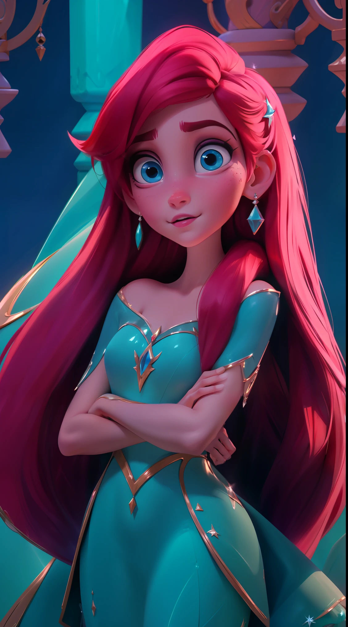 Elsa-Ariel Fusion, Mesclando modelos, melting, Roupas da Ariel, 1girl, Beautiful, character, Woman, female, (master part:1.2), (melhor qualidade:1.2), (sozinho:1.2), ((pose de luta)), ((campo de batalha)), cinemactic, olhos perfeitos, pele perfeita, perfect lighting, sorrir, luz, cor, pele texturizada, detalhe, Beleza, maravilha, ultra-detalhado, rosto perfeito