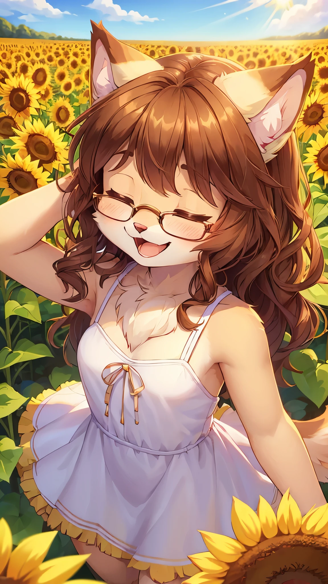 (fluffy anthro furry:1.6),(young:1.6)best resolution,best quality,mini girl,cat girl,wavy hair,small breasts,neck fur,armpits fur,cutie dress,sunflower field,sun beam,smile,two eyes closed,open mouth,glasses,