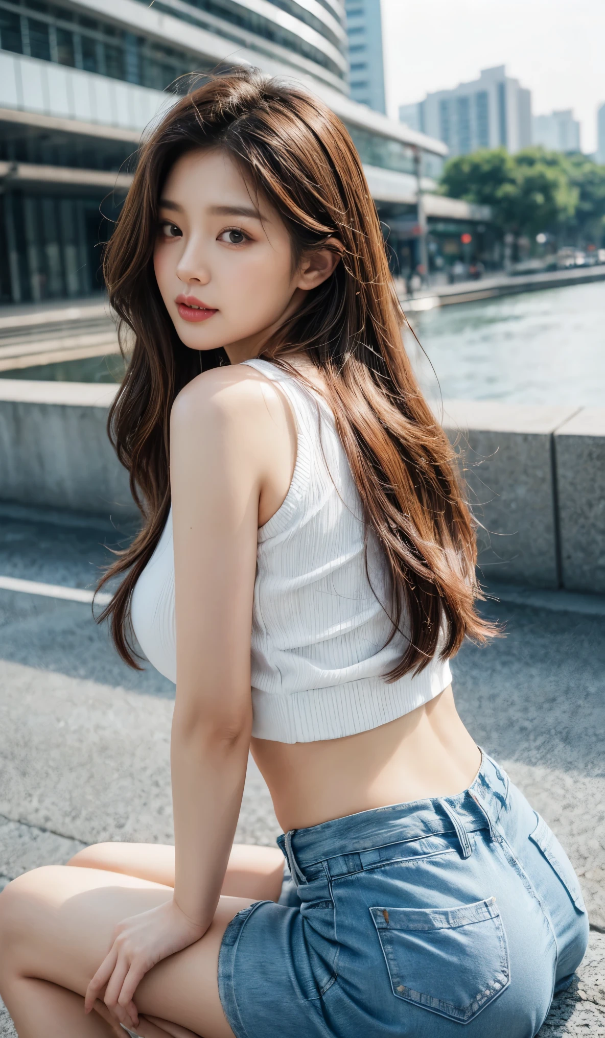 best quality,8k, Detailed facial depictions, Detailed eye description, Brown hair(long wavyhair),two beautiful Korean women (dont use the same face), 40 years old, slim body, medium breast , wear vest and mini skirt ,open claveage, sitting in cheonggyecheon river korea, looking back over shoulder , long shot