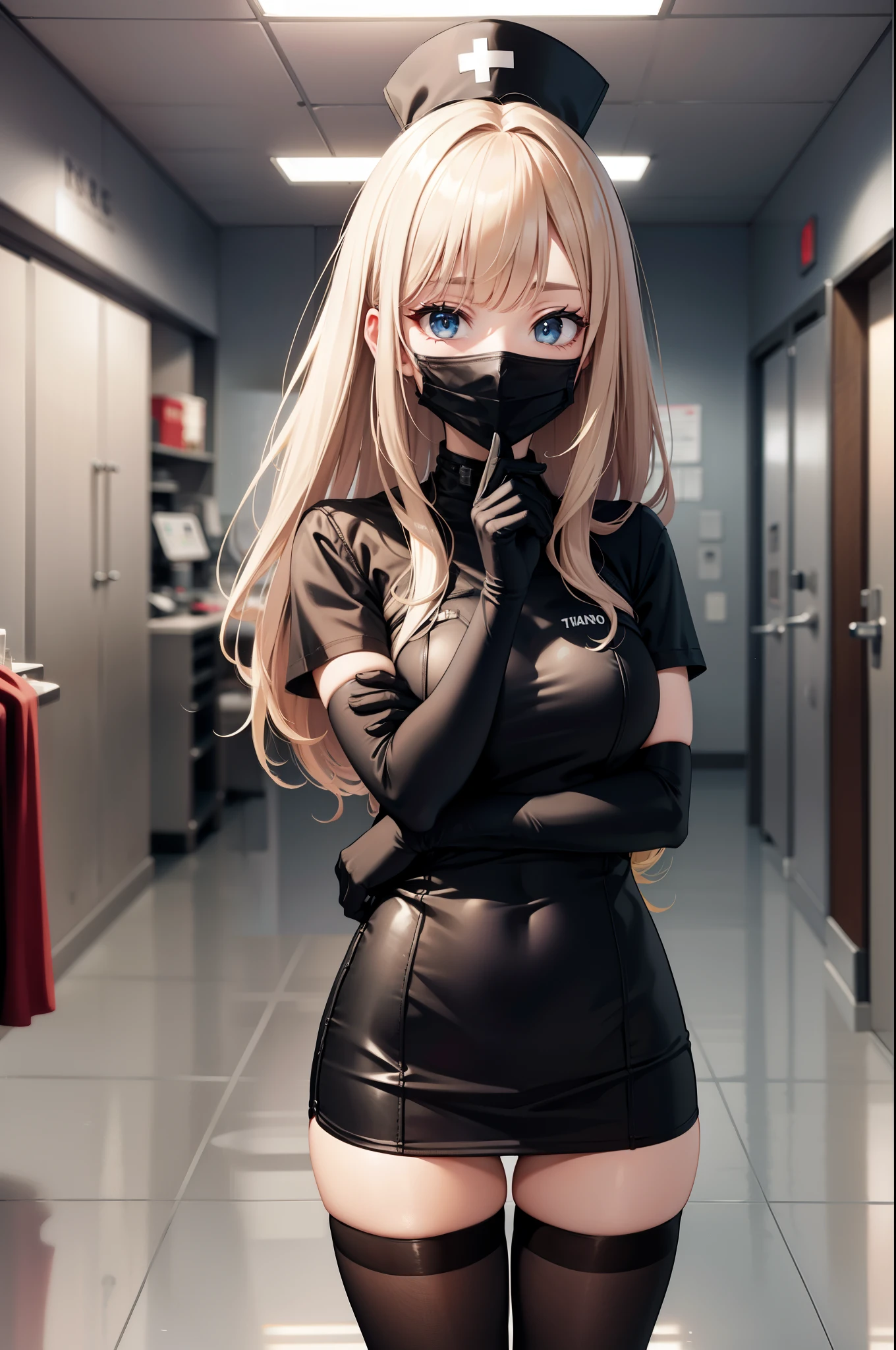 black nurse, 1woman, solo, black nurse cap, black wear, ((black legwear, zettai ryouiki)), black elbow gloves, blonde hair, blue eyes, ((black surgical mask, covered nose)), standing, ((surgery room)), sharp outline, short sleeves, mature female, 35 years old, best quality, masterpiece