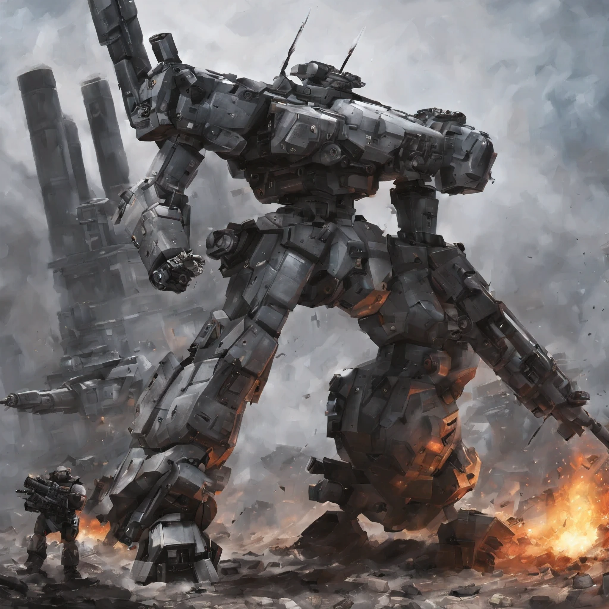 Are standing, armored core style, missile pod, machine gun, Huge cannon, very detailed, battlefield, fire, cigarette, explosion,