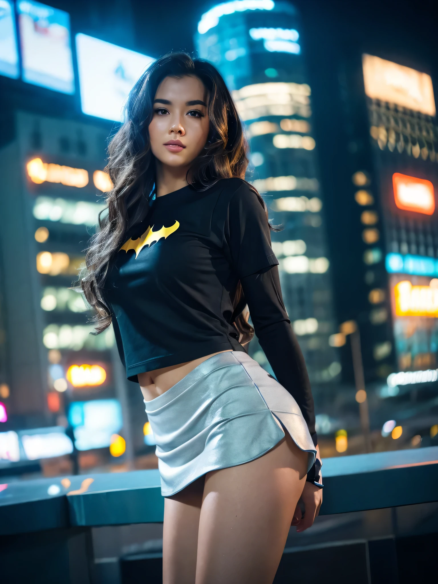 Beautiful woman with wavy hair, delicate and charming eyes, thigh notch, sexy long legs, Batman logo on the chest T-shirt in small shorts with mini learther skirt, beautiful futuristic cyberpunk + city, mist, damp, rain, best quality masterpiece, realistic, detailed, 8k, HDR, shallow depth of field, wide light, high contrast, backlight, flood, flash, chromatic aberration, sharp focus, RAW color photo