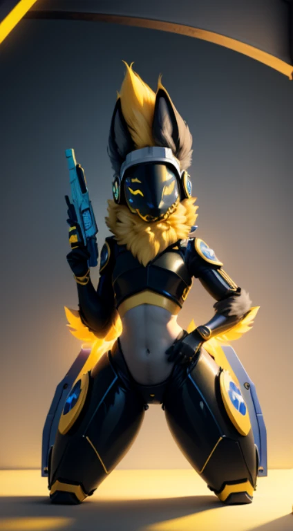 Femboy protogen with wide hips, yellow hair, and yellow emissive highlights. blue eyes, and orange fur tufts, holding futuristic gun. Blue symbols.