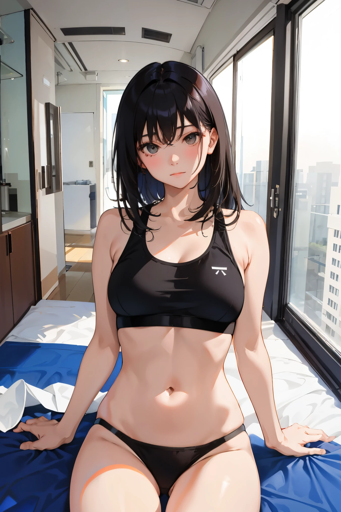 (masterpiece,Highest Quality),,小柄,A dark-haired,Medium Hair,Sportsbra, white panties