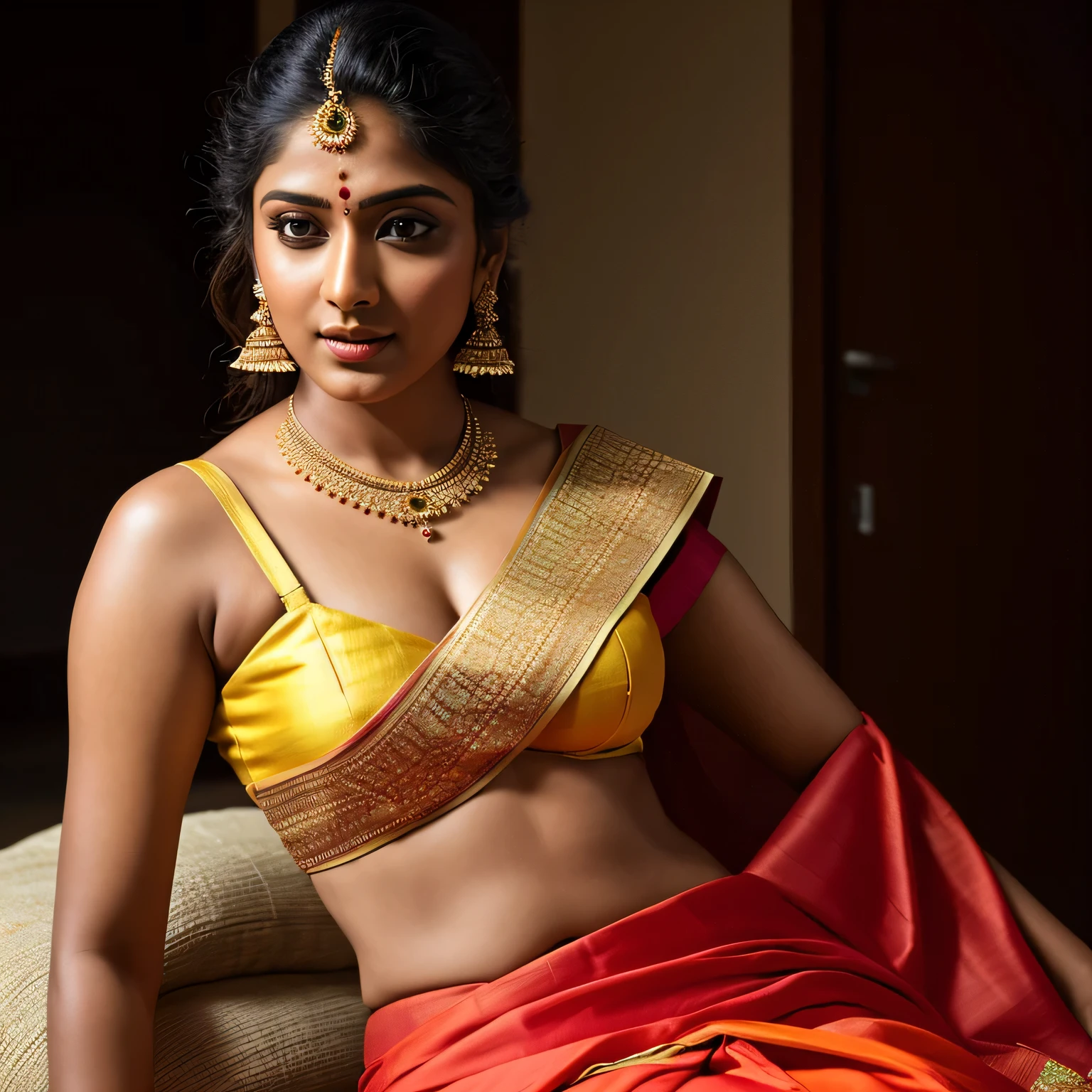 Foto RAW, photorealistic, photography, full body shot, master shot, goddess like beauty, perfect slim mallu Desi girl, Wearing a Stanapatta, a chest-band.Saree model, model Photography, Indian saree shoot, Indian traditional wear advertising photography, traditional wear brand shoot, face of Indian actress Nayanthara, masterpiece, realistic, realism, incredible details, pleasure, photorealism, detailed skin, skin pores, high contrast, photorealistic Artstation 8k HD digital art trend of high definition and detailed realistic skin texture, ultra detail, realistic skin texture, armature, best quality, ultra high definition, (photorealistic:1.4),, high resolution, detail, raw photo, Re sharp, by Lee Jefferies Nikon D850 Film Stock Photo 4 Kodak Portra 400 Camera F1.6 Lens Rich Color Ultra Real Realistic Realistic Textures Dramatic Lighting Unreal Engine Trending at Art Station Cinestill 800,(pele altamente detalhada: 1.2), 8k UHD, DSLR, soft-lighting, alta qualidade, grain of film, Fujifilm XT3,she didn't like to wear blouse or bra, she happy to wear only saree, she hates blouse or bra,
