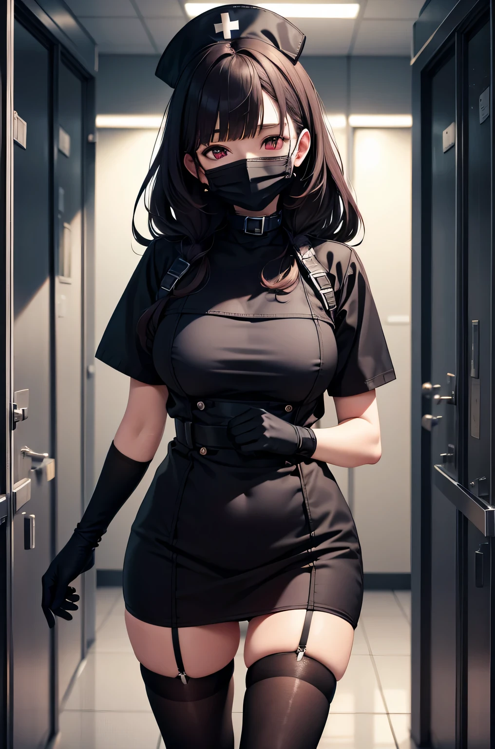 black nurse, 1 female, alone, black nurse cap, Black Wear, ((black legwear, zettai ryouiki)), black elbow gloves, long hair, purple hair, red eyes, ((Black surgical mask, Covered nose)), Are standing, ((operating room)), sharp outline, short sleeve, mature woman, 35 years old, highest quality, masterpiece