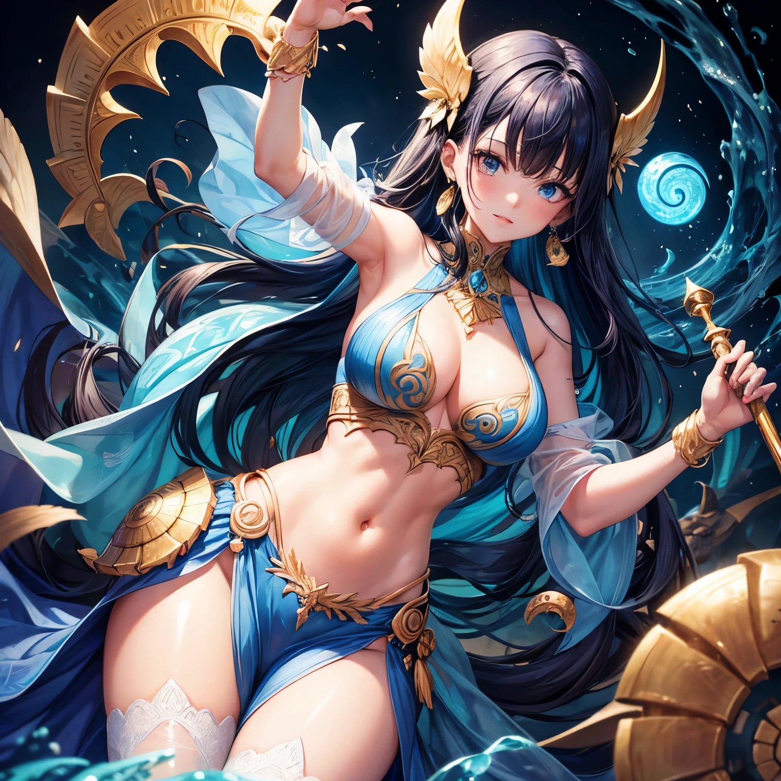 Water elemental, large breasts, long blue dress exposing back and shoulders, exposed midriff, ammonite earrings, dark blue hair and eyes, trident