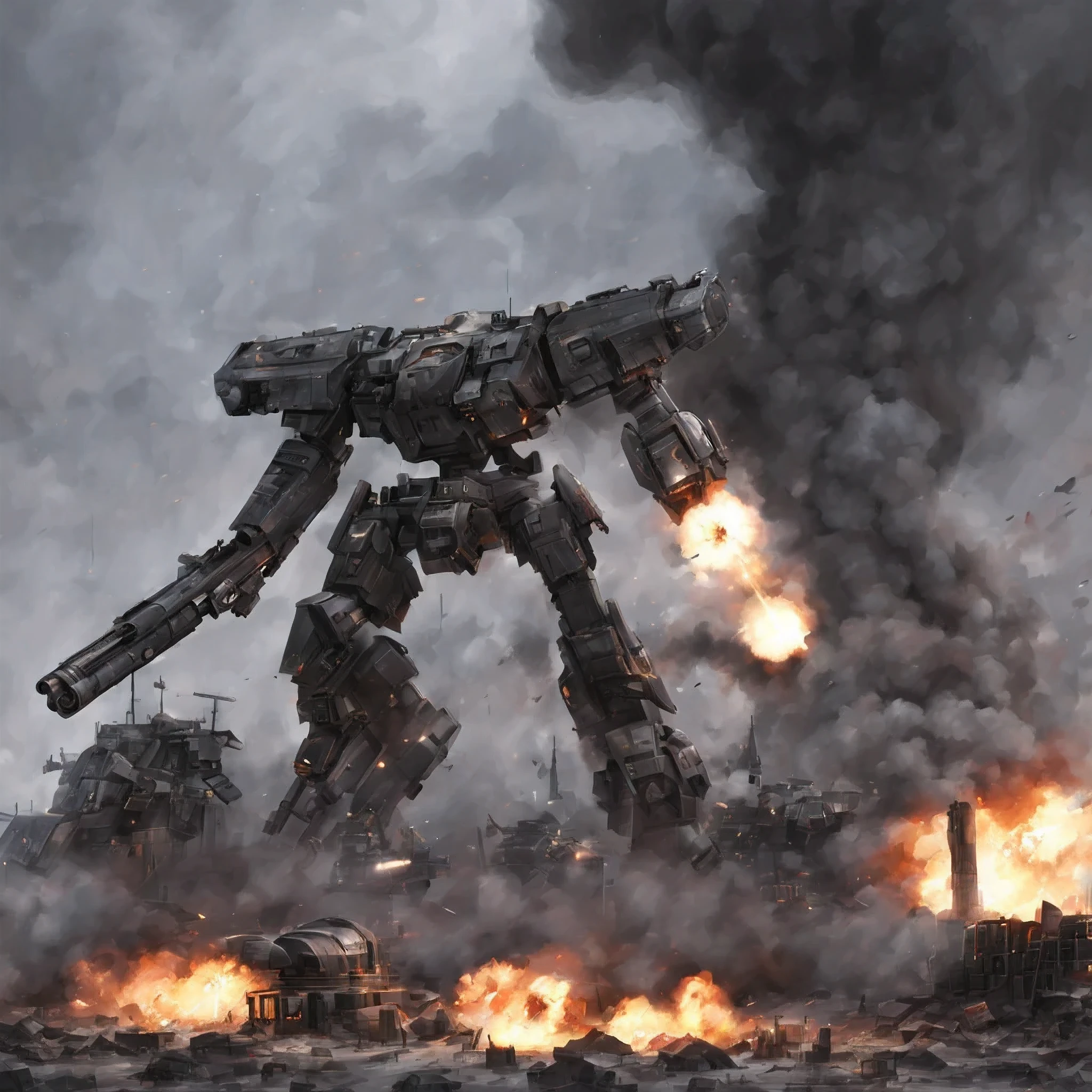 Are standing, giant robot, missile pod, machine gun, Huge cannon, very detailed, battlefield, fire, cigarette, explosion, armored core style,