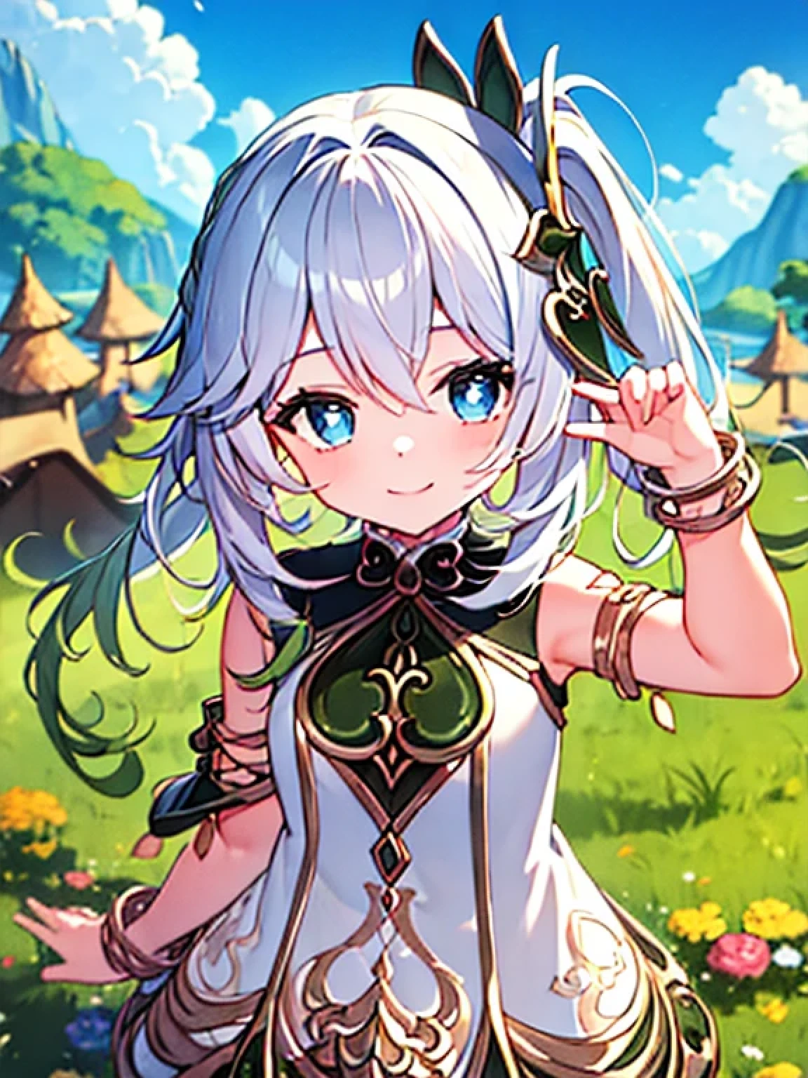 ((masterpiece)), nahida, 1girl, smiling at viewer, sky background, beautiful hand