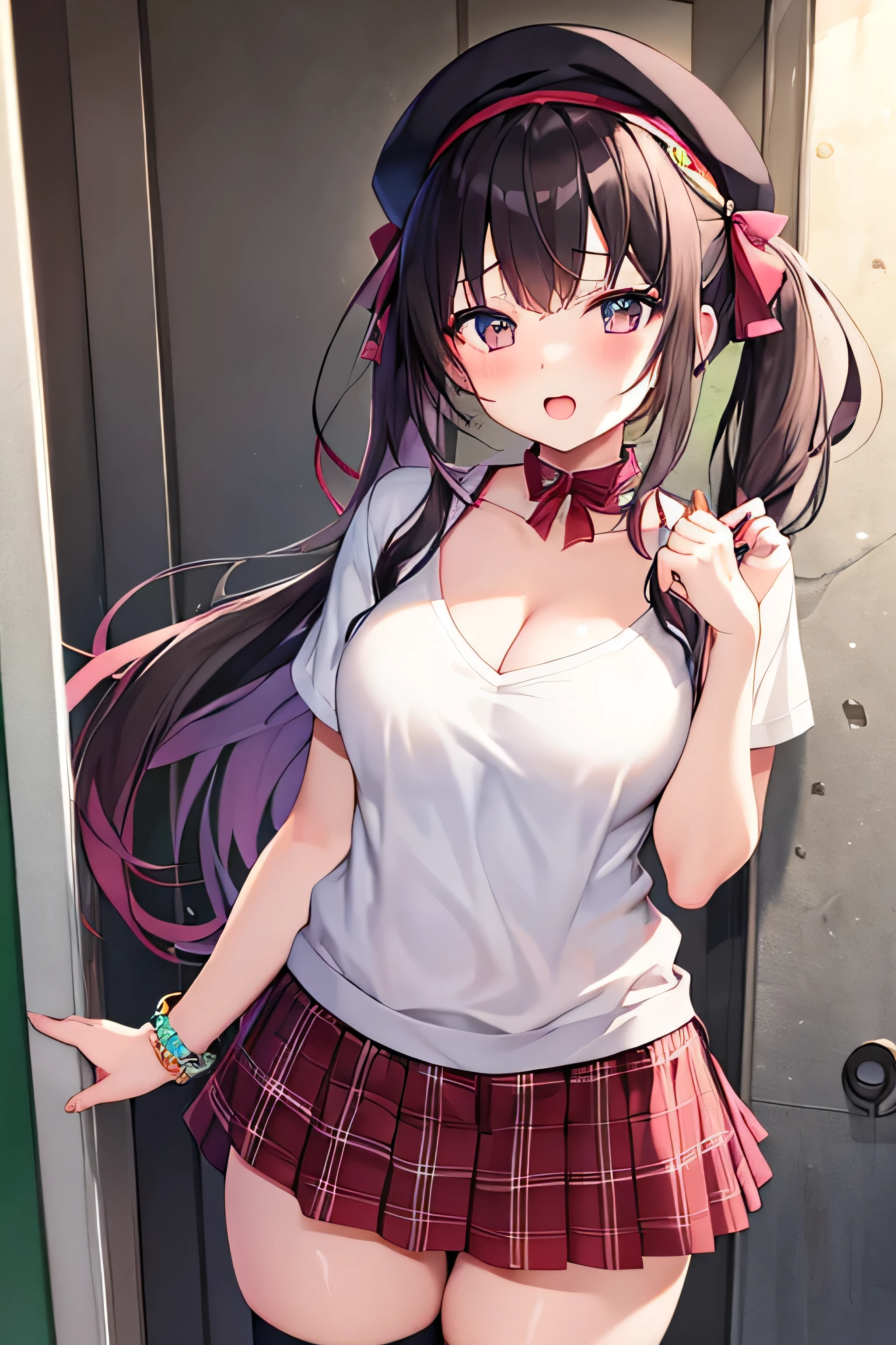 masterpiece、Highest image quality、ultra high resolution、NSFW、big breasted girl、Twin tail hairstyle、red face、shyly、mock、Open your mouth just a little、Short-sleeved casual clothes that show the chest of high school girls、High school girl casual miniskirt、Thigh-high socks for high school girls、High school girl beret、Skyscraper、outdoor