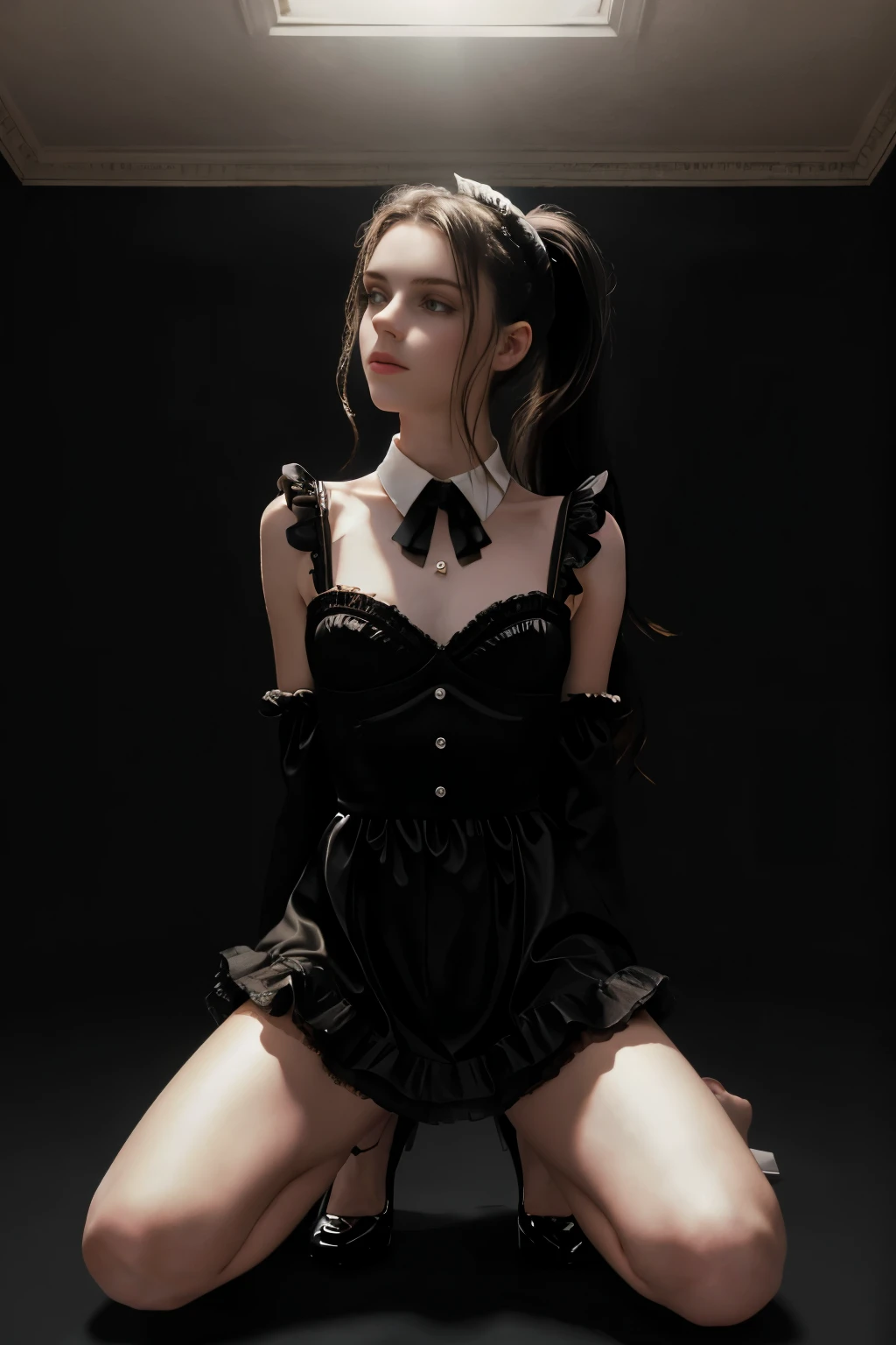 masterpiece, best quality, hyperrealistic, cinematic photo, 16 year old girl, pale skin, American amazing slim body, black ribbon, maid outfit, long black pony tail, large legs, perfect hands, beautiful face, perfect face, youthful, (blured background), modern style, from below, (low-angle shoot), low_angle_human, towering, (full body shot), squatting, kneeling, underneath shot, (view viewer), looking at viewer,(8k, epic composition, photorealistic, sharp focus), sophisticated background, Inside mansion hall, DSLR, foil grain, backlight