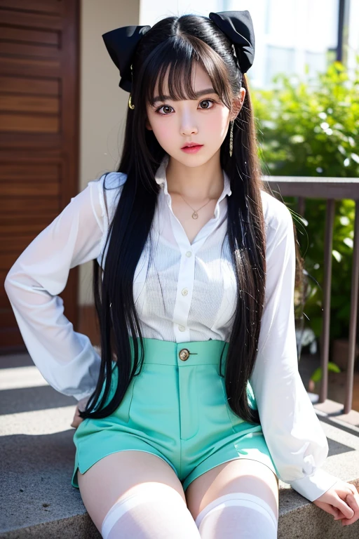 (masterpiece), (best quality), highly detailed, HDR, 1girl, solo focus,
Skindentation: subtly visible texture on the girl's skin,
运动文胸 (motion breasts), 短裤 (short pants), 连裤丝袜 (tights),
Perfect face with puffy cheeks,
大眼睛 (big eyes), 圓咱眼睛 (puffy eyes),
Perfect eyes with long lashes,
初音未来 (voices of Youth, possibly referring to a manga or anime),
Extremely detailed face, 
睫毛 (