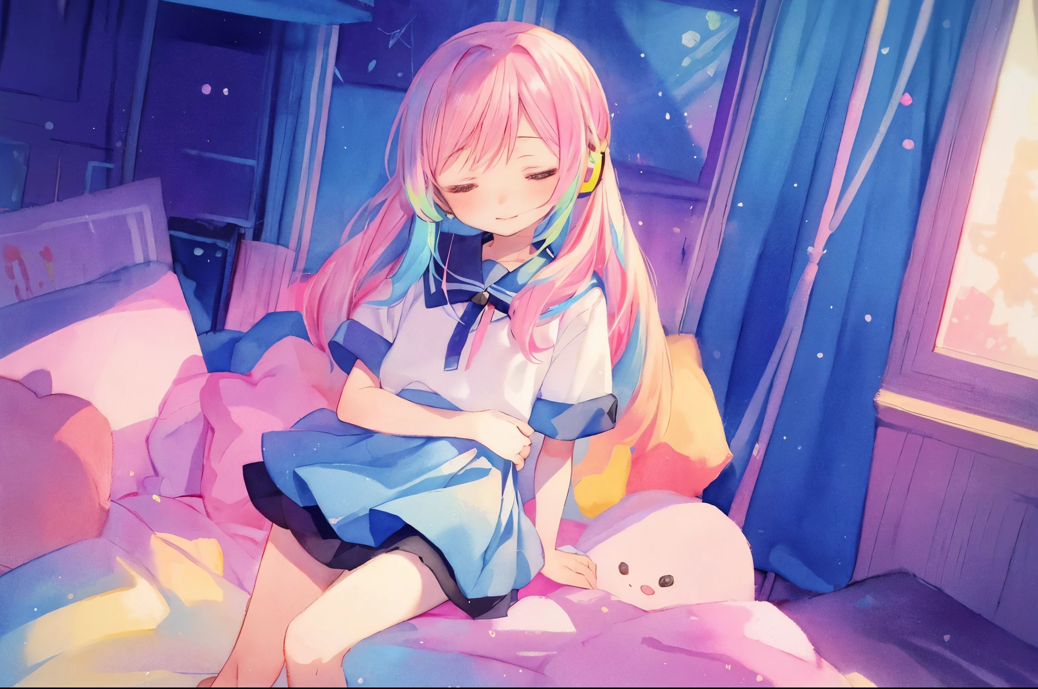 (highest quality）、（masterpiece：1.2）、（colorful：0.9）、（color scattering）、（watercolor painting)、sharp focus、model shot, High resolution, (anime style:1.1), ) ((highest quality)), (Super detailed), (beautiful), alone, beautiful face、12 years old、(Detailed cute cute girl sitting on a chair in her room and listening to music with headphones on and happily closing her eyes:1.3)、cute clothes、(艶のある金髪のcolorfulなロングヘア:1.2),colorful目,dramatic,、(mini skirt)、Full body Esbian、pastel colour