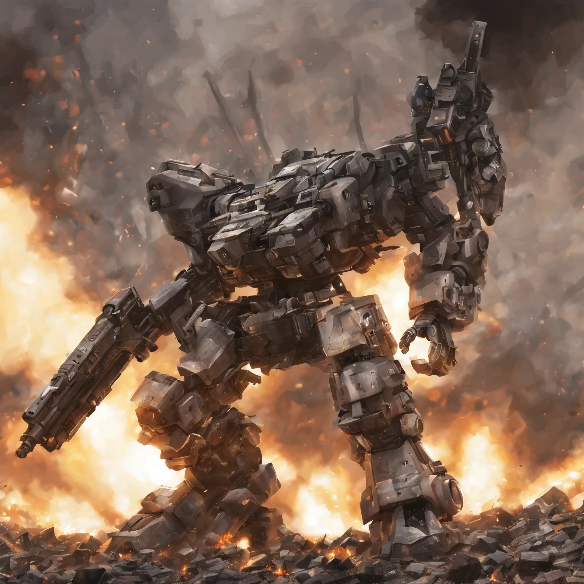 Are standing, giant robot, missile pod, machine gun, Huge cannon, very detailed, battlefield, fire, cigarette, explosion, armored core style,