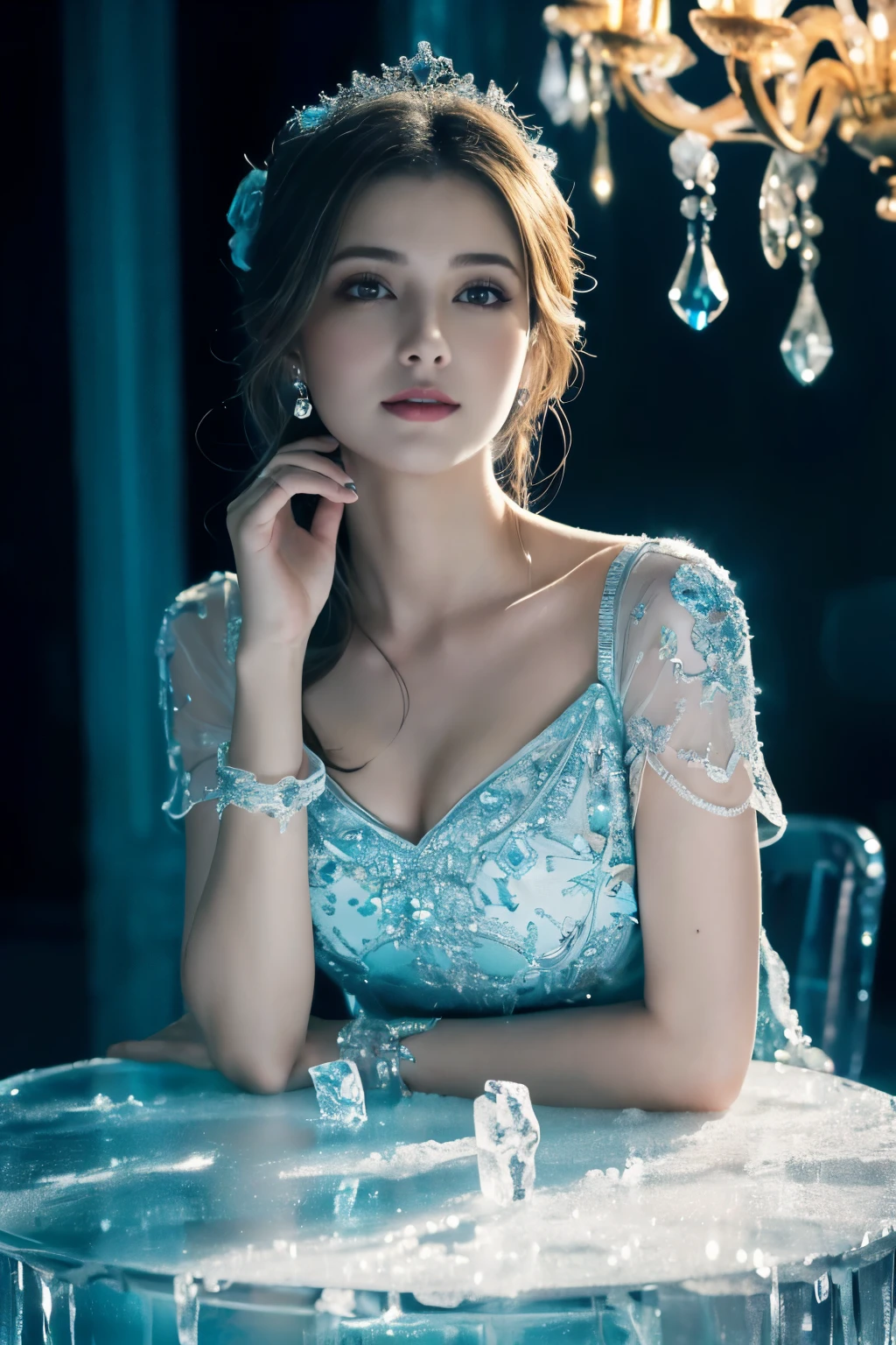 ((table top:1.4, highest quality)), (realistic pictures:1.4), 
((1 girl)), 
(超High resolution:1.2), very delicate and beautiful, wonderful, 
Highly detailed CG Unity 8K wallpaper, Super detailed, High resolution, soft light, 
beautiful detailed girl, highly detailed eyes and face, beautifully detailed nose, beautiful and detailed eyes, 
(wearing a dressed up costume:1.4),
cinematic lighting, perfect anatomy, slender body, thin chest,
(ice castle guest room, Ice Room, ice furniture, ice chandelier, lit up in the dark:1.3), (ice World, transparency of ice, The aesthetics of light refracting through ice:1.3), (A world of inorganic beauty where everything is frozen:1.3),
cowboy shot, looking at the viewer, smile
