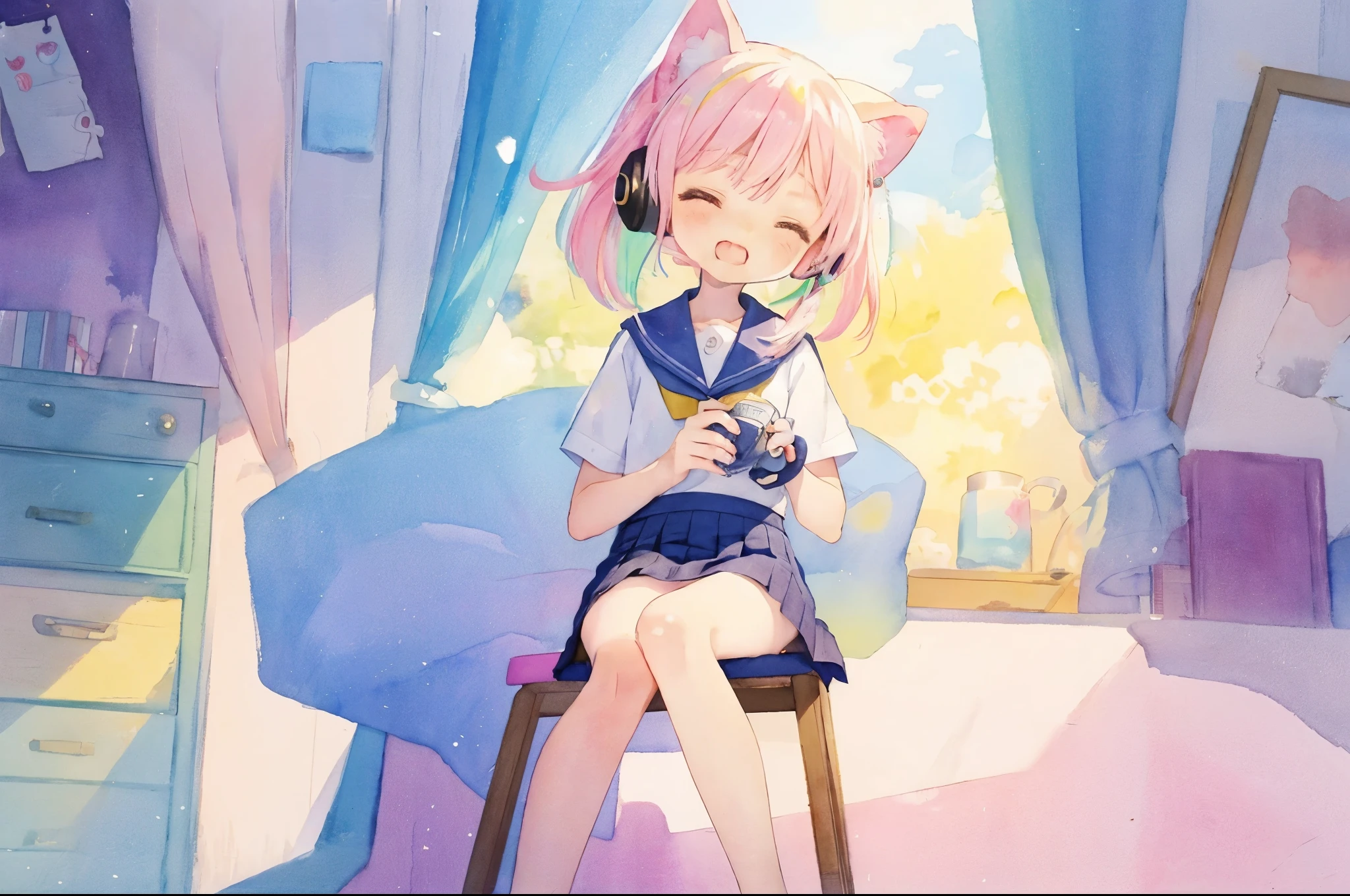 (highest quality)、(masterpiece:1.2)、(colorful:0.9)、(color scattering)、(watercolor painting)、sharp focus、model shot, High resolution, (anime style:1.1), ) ((highest quality)), (Super detailed), (beautiful), alone, beautiful face、12 years old、(Detailed cute cute girl sitting on a chair in her room and listening to music with headphones on and happily closing her eyes:1.3)、cute clothes、(艶のある金髪のcolorfulなロングヘア:1.2),colorful目,dramatic,、(mini skirt)、Full body Esbian、pastel colour