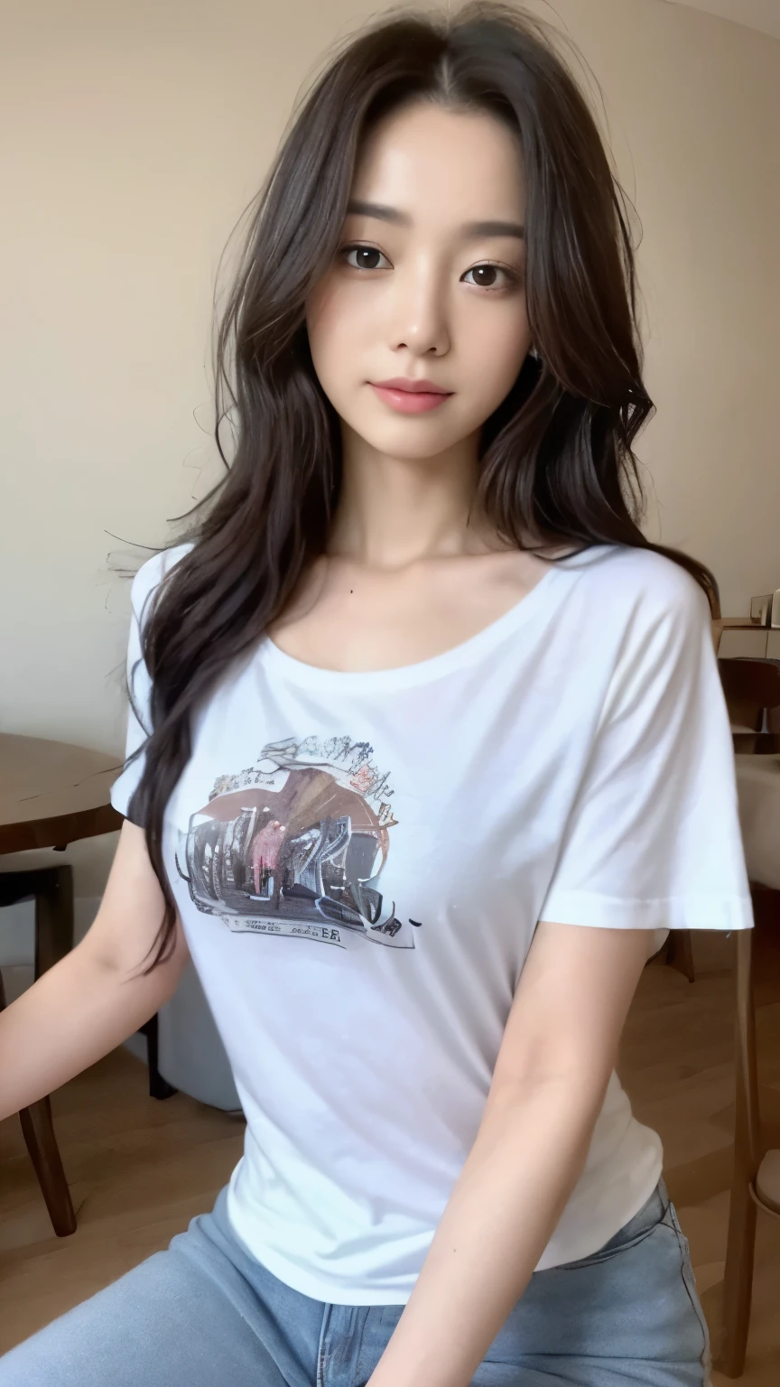 A close up of a woman sitting on a chair in a room - SeaArt AI