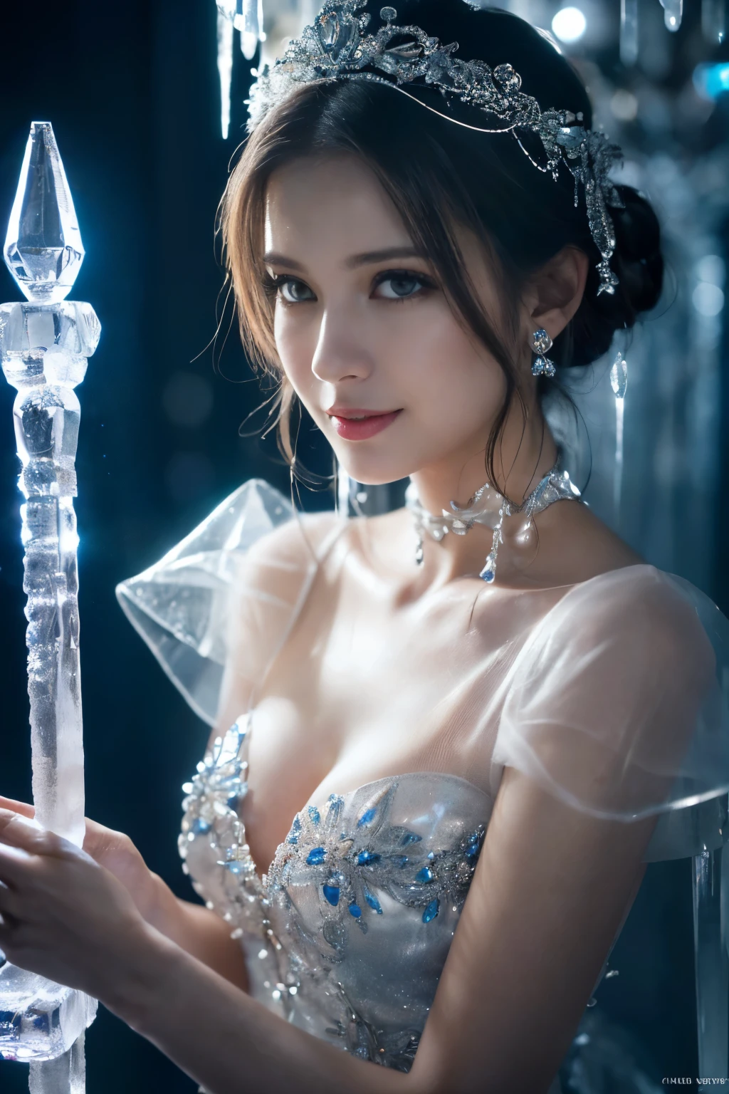 ((table top:1.4, highest quality)), (realistic pictures:1.4),
((1 girl)),
(超High resolution:1.2), very delicate and beautiful, wonderful,
Highly detailed CG Unity 8K wallpaper, Super detailed, High resolution, soft light,
beautiful detailed girl, highly detailed eyes and face, beautifully detailed nose, beautiful and detailed eyes,
(wearing a dressed up costume:1.4),
cinematic lighting, perfect anatomy, slender body, thin chest,
(ice castle guest room, Ice Room, ice furniture, ice chandelier, lit up in the dark:1.3), (ice World, transparency of ice, The aesthetics of light refracting through ice:1.3), (A world of inorganic beauty where everything is frozen:1.3),
cowboy shot, looking at the viewer, smile