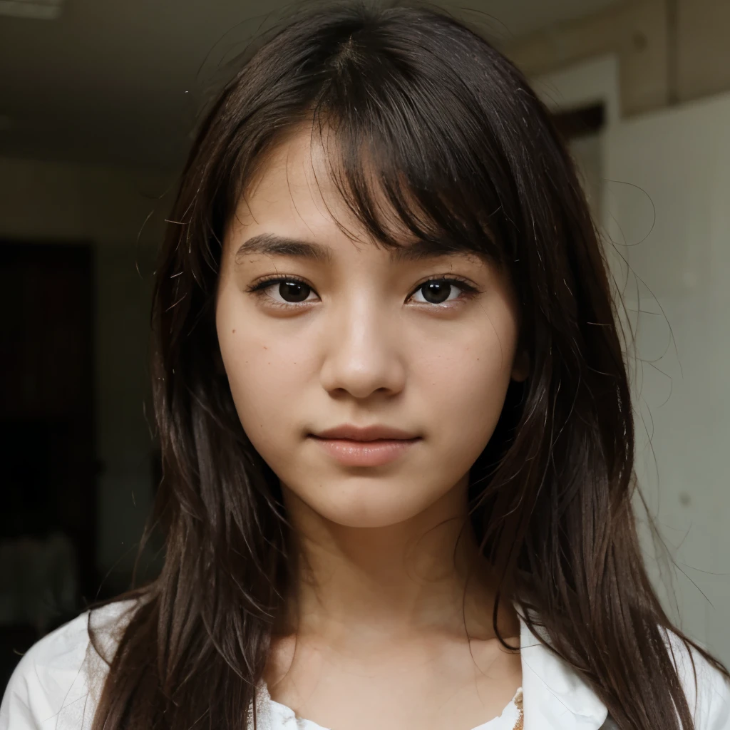 Asian woman, about 25 years old, with long hair and bangs, beautiful, a model in bright sunlight.
