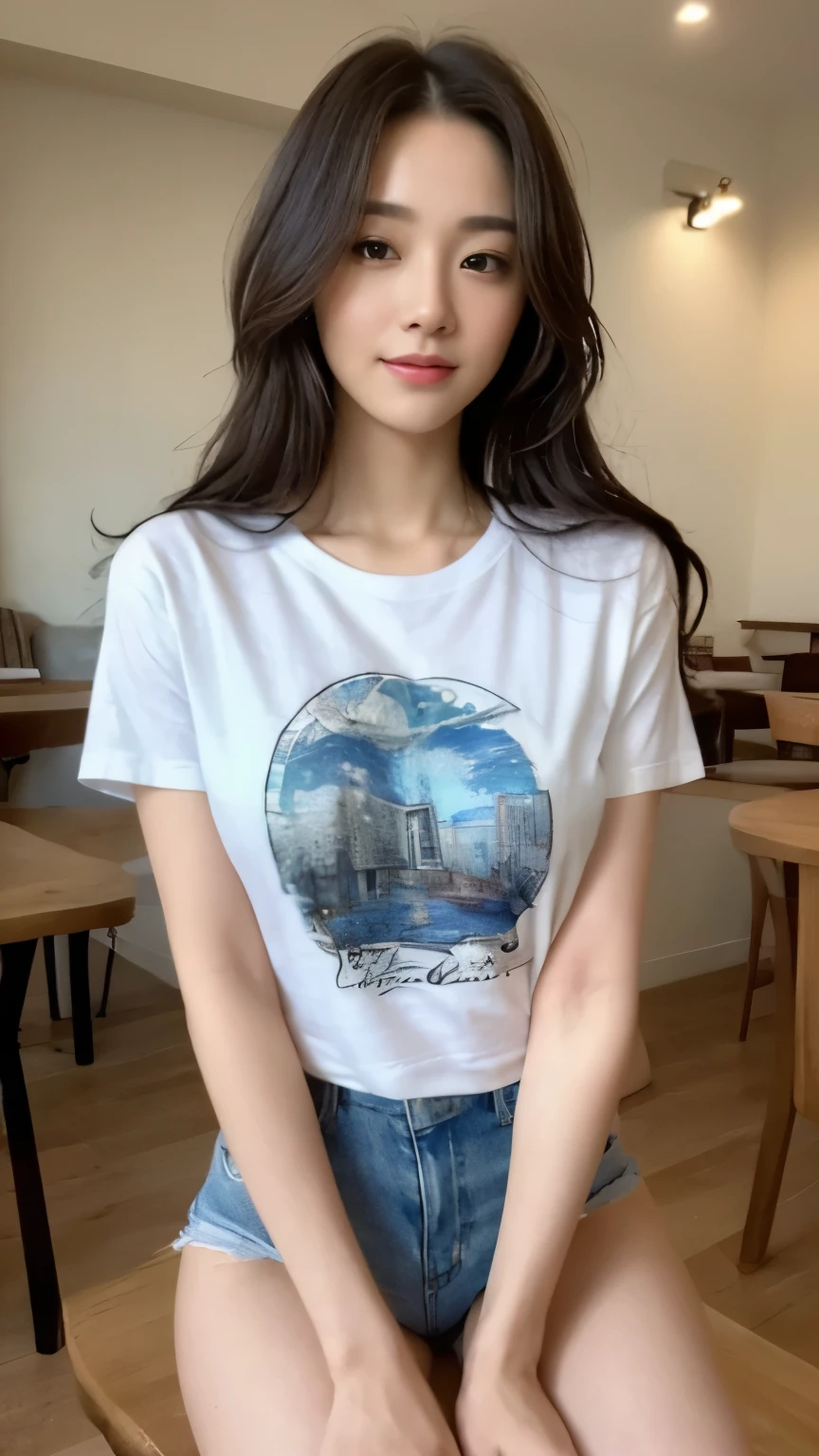 ((top-quality、8k、masterpiece:1.3))、Beautiful woman with perfect body:1.4、slim abdomen:1.2、Longhair, normal breast, Highly detailed facial and skin texture, A detailed eye, delicate eyes, double eyelid, (smile), (full body shot), ((cafe)), (sitting on chair), (((wearing casual t-shirt)), looking in front