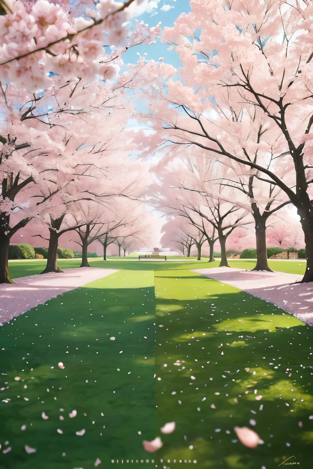 A serene park filled with blooming cherry trees, their delicate petals drifting down like confetti in the gentle breeze. The sun casts a warm, golden glow over the scene, highlighting the soft pink hues of the blossoms and creating a cinematic effect. The trees stand tall and majestic, their branches adorned with the ephemeral beauty of the cherry blossoms. The ground is covered in a blanket of pink and white petals, giving the park an ethereal and dreamlike quality. The tranquility of the scene is only disrupted by the occasional gentle rustling of the leaves or the sound of birds chirping in the distance. The air is filled