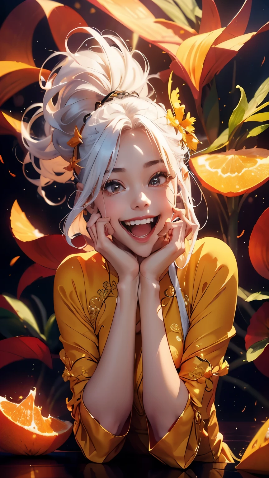 (Official art、Best Quality、Unity 8k Wallpapers、32K、masterpiece、ultra-detailliert、超A high resolution、realisitic、Photorealsitic、Very ridiculous:1.2)、(Cinematic lighting:1.2), 、Best Shadows、Rim lighting、side lights、(Ultra-detailed and complex 3D rendering)、Detailed beautiful face and eyes、Sharp pupils、Realistic pupils、A slender、1Girl 、Medium bust、 beauitful face、(16-year-old beautiful girl)、((Small breast:1.5, smallchest:1.5)), (super detailed skin、detailed skin textures:1.3),((White hair:1.5)) ,(shoulder long hair:1.5).((Modern Vietnamese Aodai :1.5)) , ( heavy and unique Vietnamese Aodai:1.5) , (wearing a Orange peel colored Vietnamese Aodai:1.5),(Hunyadi yellow decorative motifs of Aodai:1.5),(enjoy expression:1.5) , ((cute happy smile:1.5)) ,(( expressions of enjoying joy, emotions of enjoying joy, expressing emotions of enjoyment))