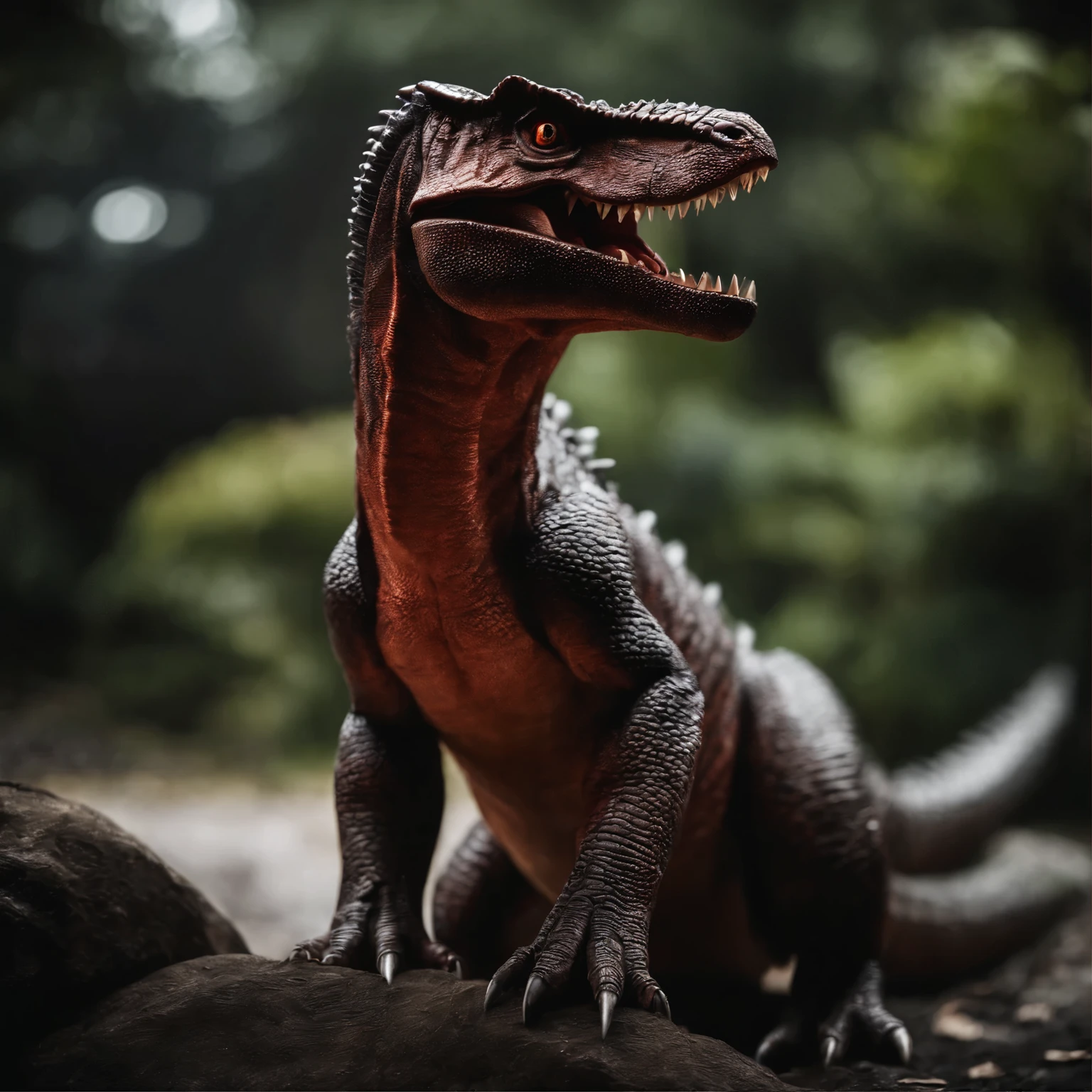20% guilmon mixed with 50% Tyranosaurus Rex with aligator skin, Rough red eyes, 8k, threatening, cinematic, photography, Dark tone, real photo, ultra high detailed, T-Rex, Dinosaur, Dragon