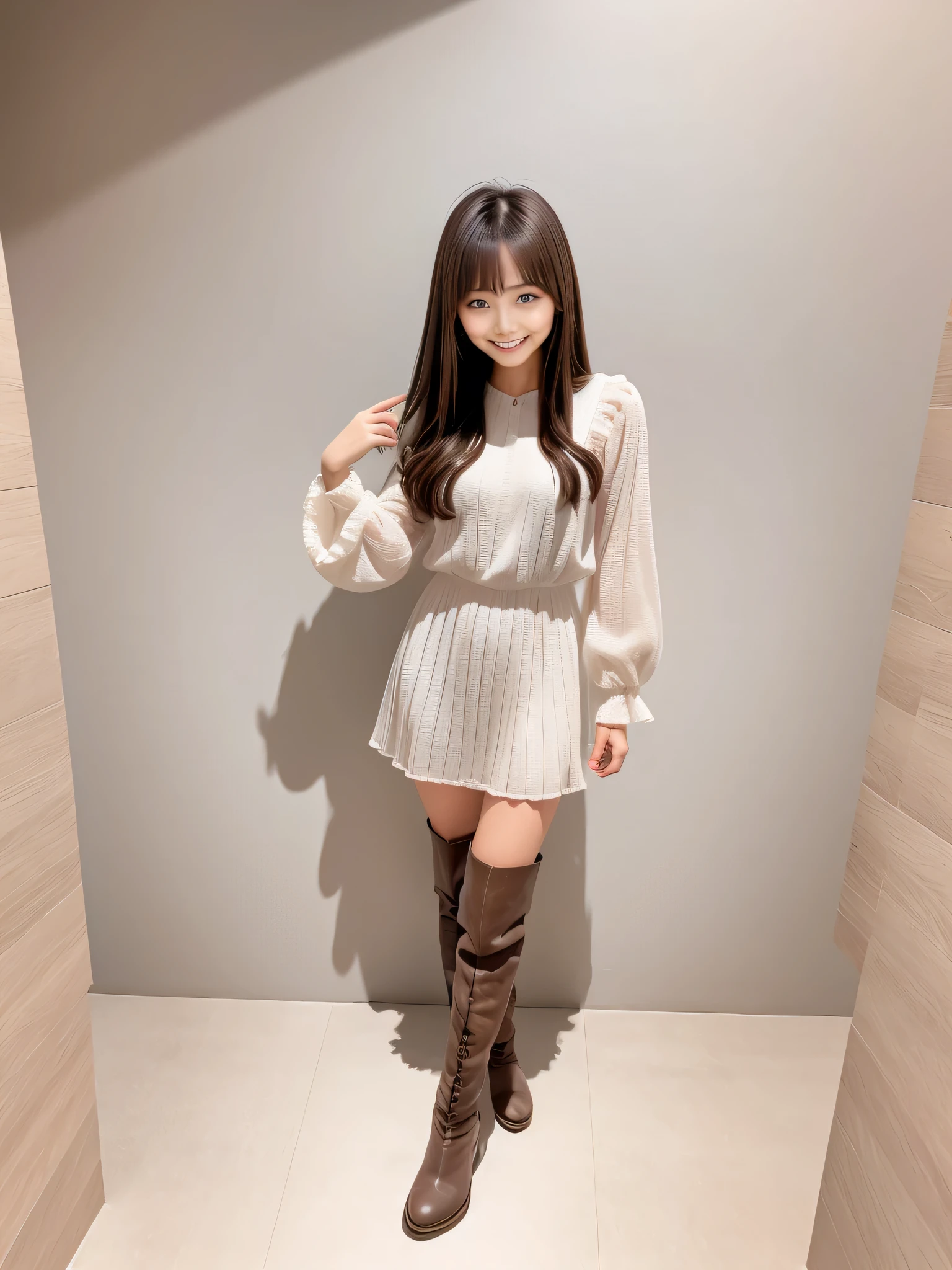 A woman wearing a dress and boots is taking a photo, high boots, full body!!, full body! cute face, Chiho, various poses, gray, full_body!!, knee-high boots, full body picture, casual pose, height: 155cm, full body cute young lady, full shot ( FS ), 8K!!, Straight long hairstyles, bangs, lips、out makeup、short eyelashes、looking at the viewer、lazy smile、realistic、High resolution、debris flies, highest quality, 8K, Beautiful woman、In detail