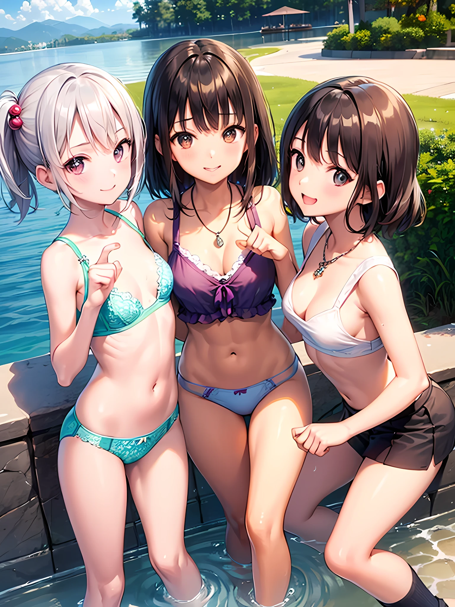 ((highest quality)), ((masterpiece)), (pretty girl), (3 girls:1.3), cute three girls are posing for a camera outdoors in the water, shirtをつかむ, stand side by side, (Close-up shot from the knee:1.3), perfect face, smile, (open your mouth and smile:1.3), embarrassed look, (precise fingers:1.3), hair band, head band, hair bobble, blouse, shirt, I can see your underwear, (pastel colored underwear), high resolution eyes, accurate eyes, (high resolution eyes:1.8), (High definition finger 1.8), light smile, small chest, chest, realistic, 4-year-old, 5 years old, 6 years old, 7 years old, knee socks, short skirt, Asian, Westerners, silver hair, brown hair, blonde, belly button, jewelry, looking at the viewer, necklace, water, , Wet, long hair, short hair, abs,