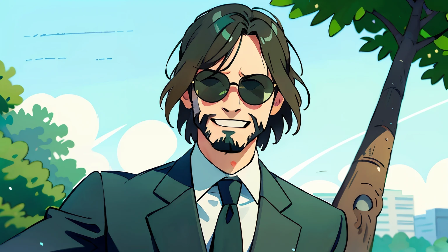 Green background, High detailed, John Wick, Aviator Glasses, Keanu Reeves, Laughing, Big eyes, tuxedo, killer suit, assassin suit, John Wick Suit, Smile, park, tree, in a close up view, Front