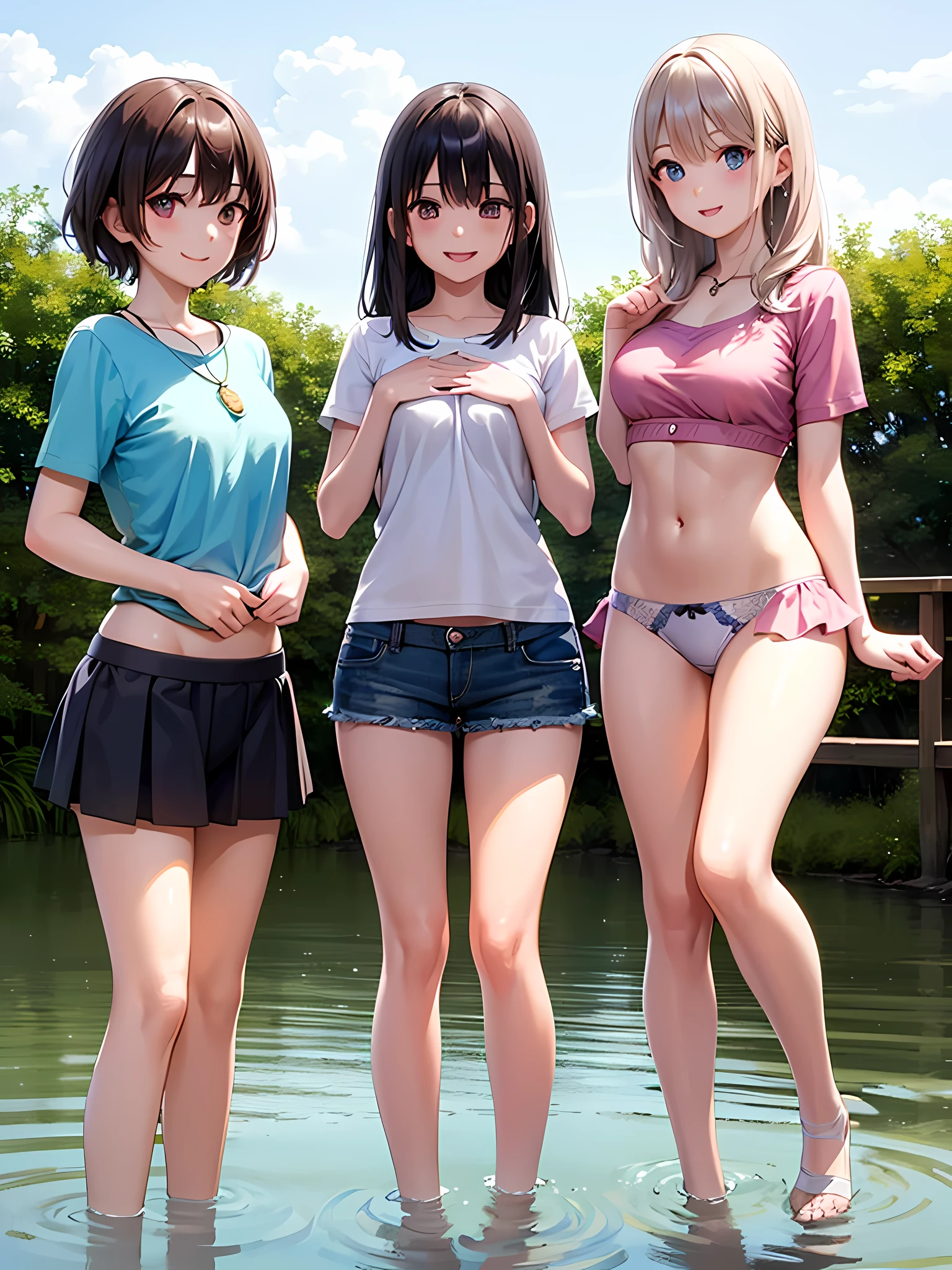 ((highest quality)), ((masterpiece)), (pretty girl), (3 girls:1.3), cute three girls are posing for a camera outdoors in the water, shirtをつかむ, stand side by side, (Close-up shot from the knee:1.3), perfect face, smile, (open your mouth and smile:1.3), embarrassed look, (precise fingers:1.3), hair band, head band, hair bobble, blouse, shirt, I can see your underwear, (pastel colored underwear), high resolution eyes, accurate eyes, (high resolution eyes:1.8), (High definition finger 1.8), light smile, small chest, chest, realistic, 4--old,years o years old, 7 years old, knee socks, short skirt, Asian, Westerners, silver hair, brown hair, blonde, belly button, jewelry, looking at the viewer, necklace, water, , Wet, long hair, short hair, abs,