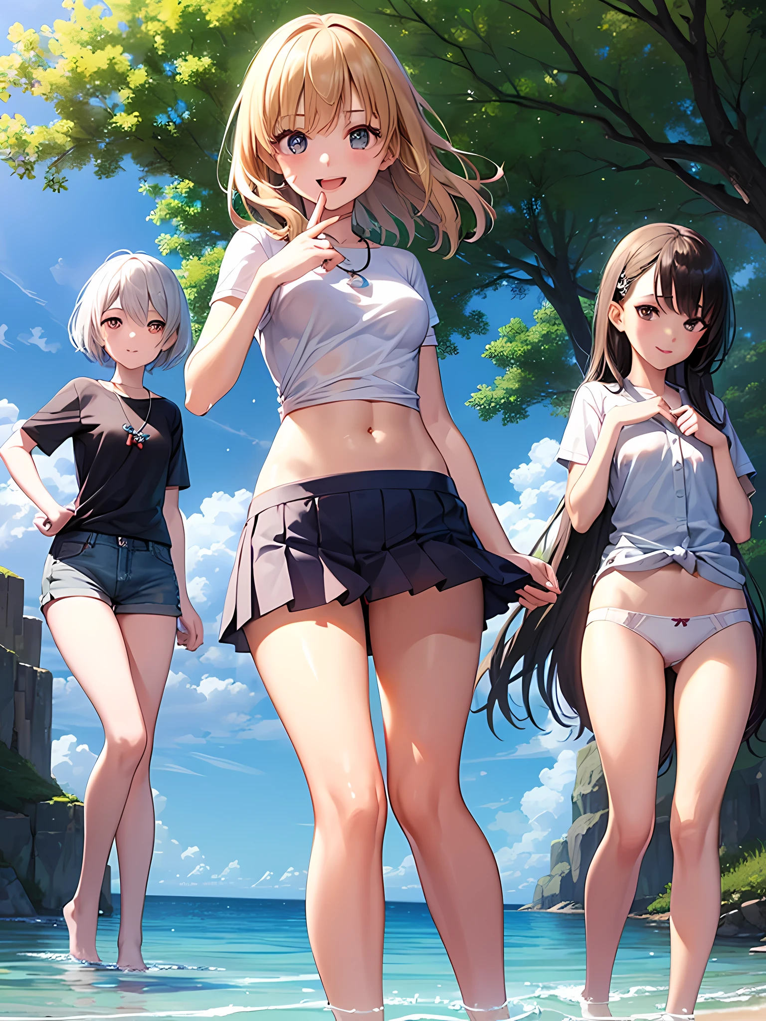 ((highest quality)), ((masterpiece)), (pretty girl), (3 girls:1.3), cute three girls are posing for a camera outdoors in the water, shirtをつかむ, stand side by side, (Close-up shot from the knee:1.3), perfect face, smile, (open your mouth and smile:1.3), embarrassed look, (precise fingers:1.3), hair band, head band, hair bobble, blouse, shirt, I can see your underwear, (pastel colored underwear), high resolution eyes, accurate eyes, (high resolution eyes:1.8), (High definition finger 1.8), light smile, small chest, chest, realistic, 4--old,years o years old, 7 years old, knee socks, short skirt, Asian, Westerners, silver hair, brown hair, blonde, belly button, jewelry, looking at the viewer, necklace, water, , Wet, long hair, short hair, abs,