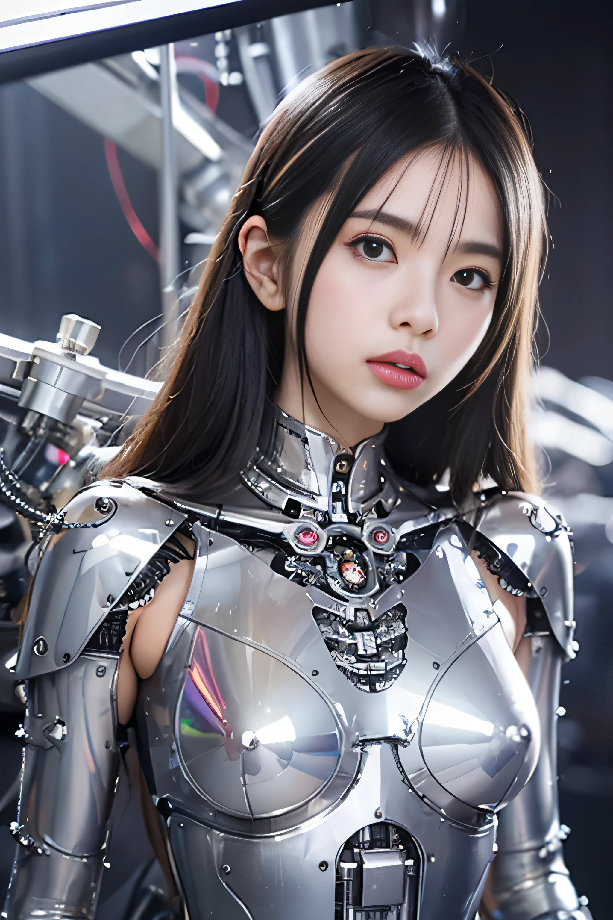 highest quality、masterpiece、ultra high resolution、(Photoreal:1.4)、RAW photo、1 girl、black hair、(((Colorless transparent latex in the shape of a gorgeous woman forming the body:1.4)))、(((rawhide:1.4)))、(((Large silver plated metal nipples:1.4)))、(((Silver mirrored metal bones seen through latex):1.4)、((Super realistic details))、portrait、global illumination、Shadow、octane rendering、8K quality、super sharp、((All mechanical metals are mirror silver plated.:1.4))、mechanical skeleton、blood vessels in the tube、very intricate details、realistic light、Trends in CG society、purple eyes、shining eyes、towards the camera、neon details、(Mechanical ribs)、mechanical spine、mechanical spine、mechanical neck、sit on top、Wires and cables connecting to the head、gundam、small led lamp、(purple lighting from behind:1.2)、