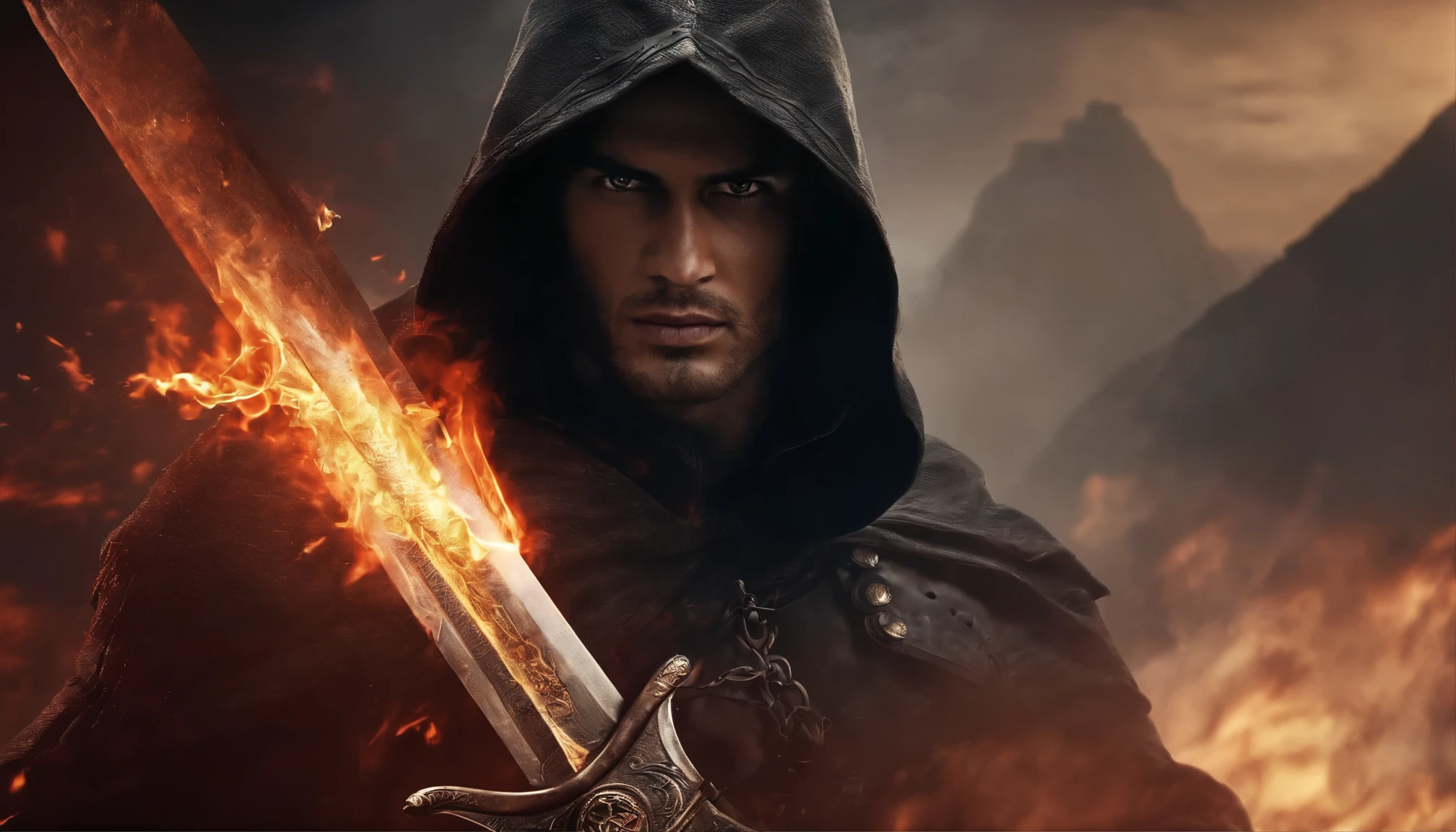 realista, 4k, Anjos com asas grandes, uma espada, Head hood in war background image (CAOS)