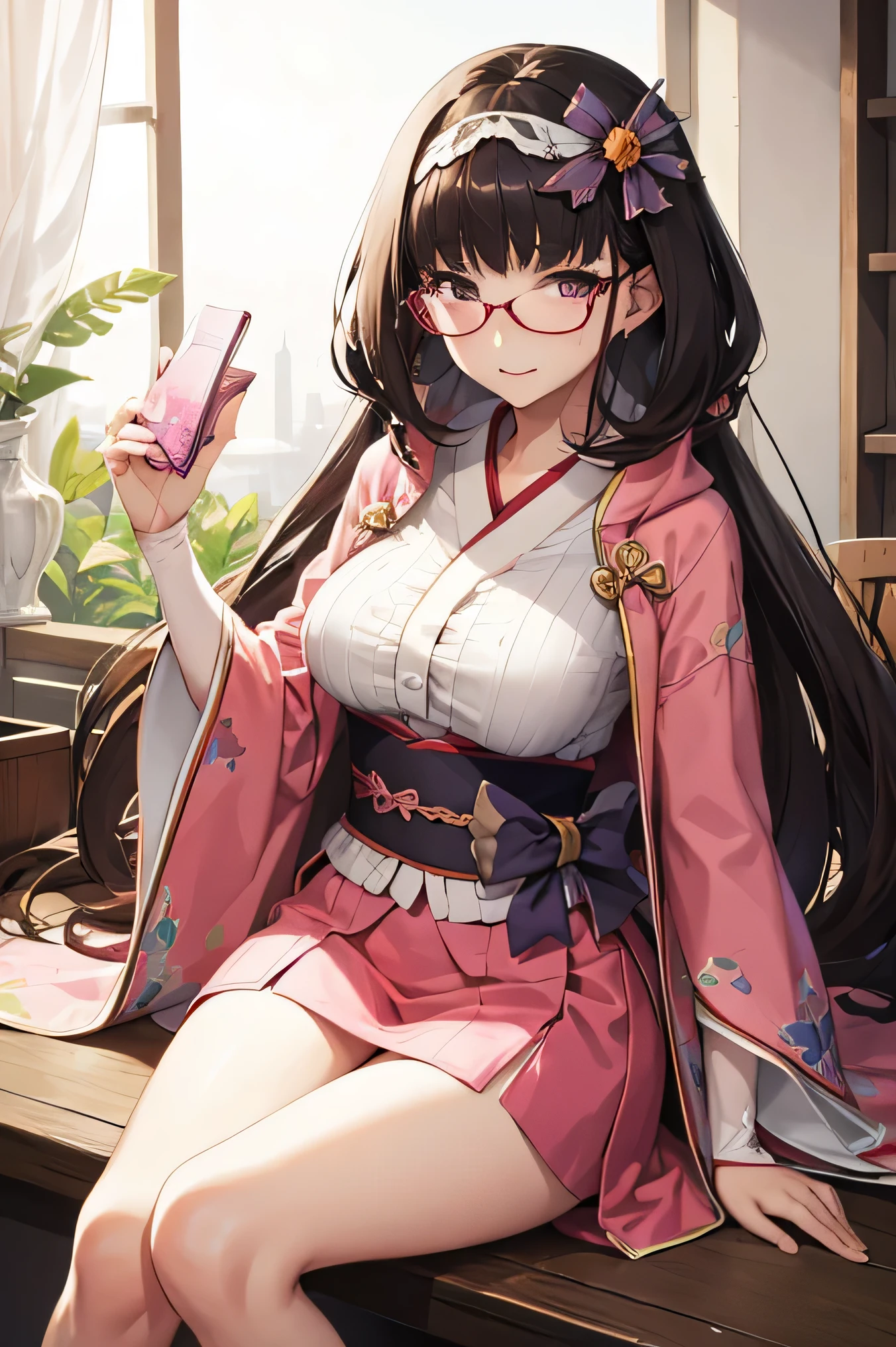masterpiece, 8k, highquality, solo, 1 girl, big breast, pink kimono, glasses, black hair