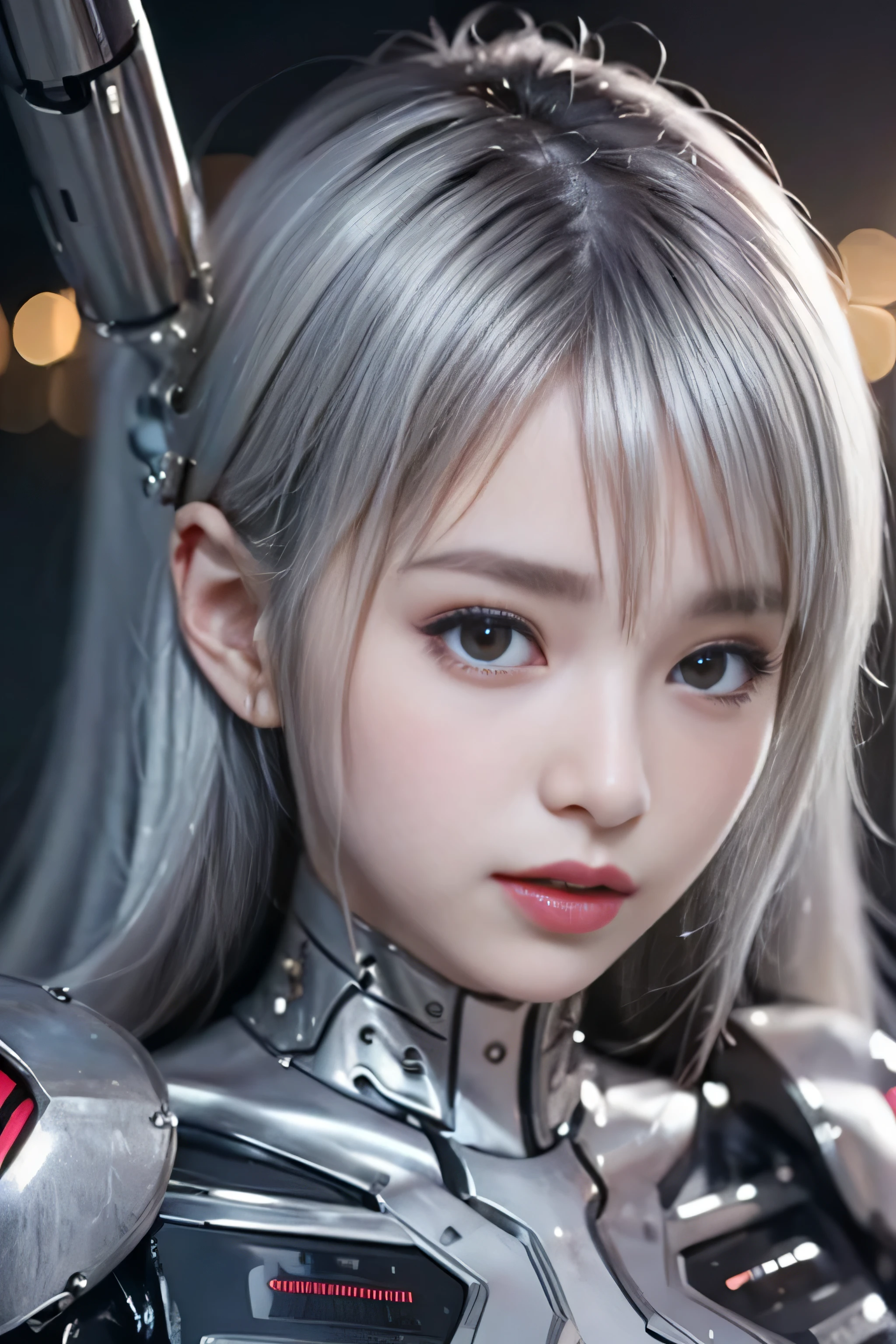 highest quality、masterpiece、ultra high resolution、(Photoreal:1.4)、RAW photo、1 girl、black hair、(((Colorless transparent latex in the shape of a gorgeous woman forming the body:1.4)))、(((rawhide:1.4)))、(((Large silver plated metal nipples:1.4)))、(((Silver mirrored metal bones seen through latex):1.4)、((Super realistic details))、portrait、global illumination、Shadow、octane rendering、8K quality、super sharp、((All mechanical metals are mirror silver plated.:1.4))、mechanical skeleton、blood vessels in the tube、very intricate details、realistic light、Trends in CG society、purple eyes、shining eyes、towards the camera、neon details、(Mechanical ribs)、mechanical spine、mechanical spine、mechanical neck、sit on top、Wires and cables connecting to the head、gundam、small led lamp、(purple lighting from behind:1.2)、