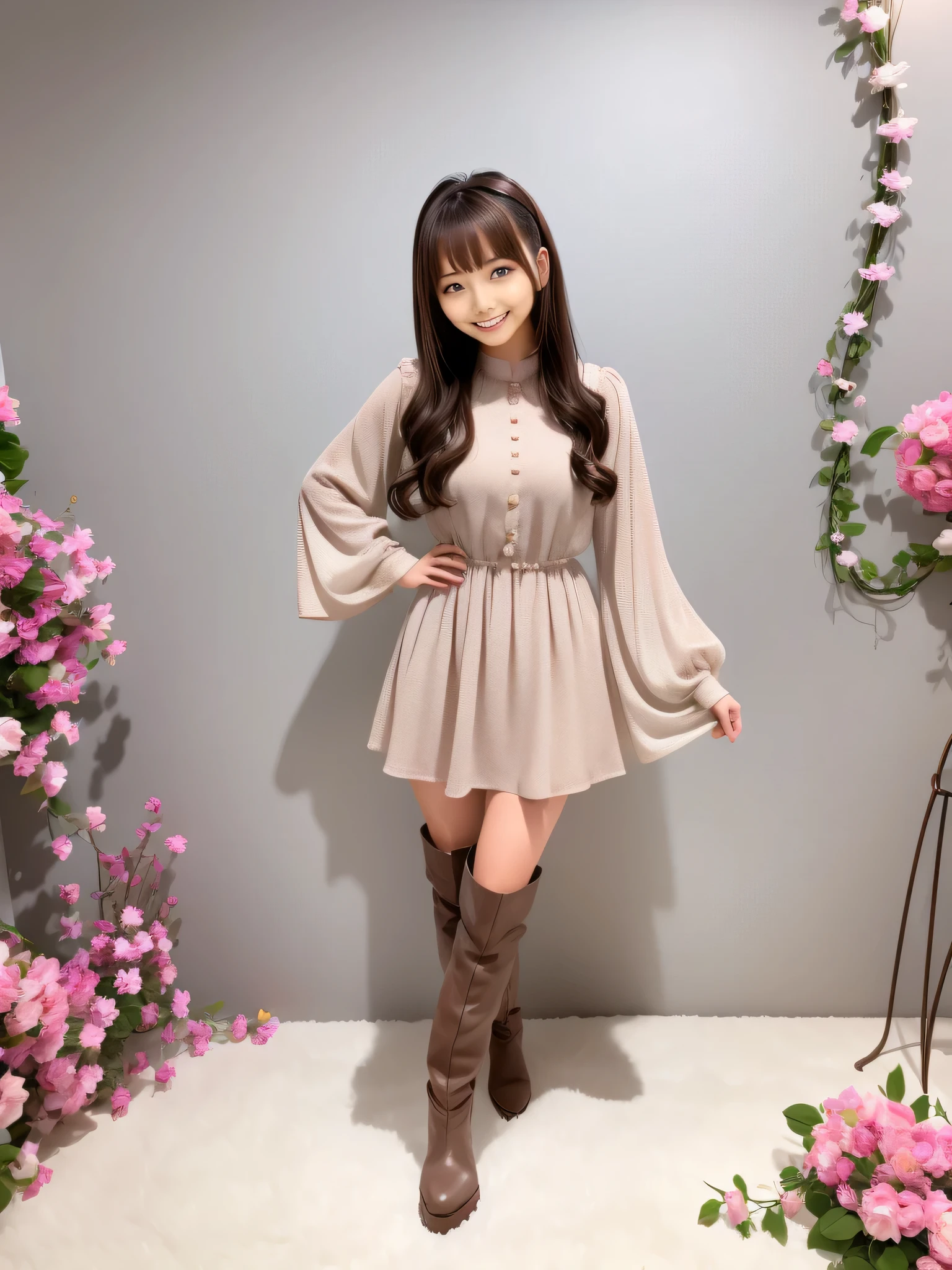 A woman wearing a dress and boots is taking a photo, high boots, full body!!, full body! cute face, Chiho, various poses, gray, full_body!!, knee-high boots, full body picture, casual pose, height: 155cm, full body cute young lady, full shot ( FS ), 8K!!, Straight long hairstyles, bangs, lips、out makeup、short eyelashes、looking at the viewer、lazy smile、realistic、High resolution、debris flies, highest quality, 8K, Beautiful woman、In detail