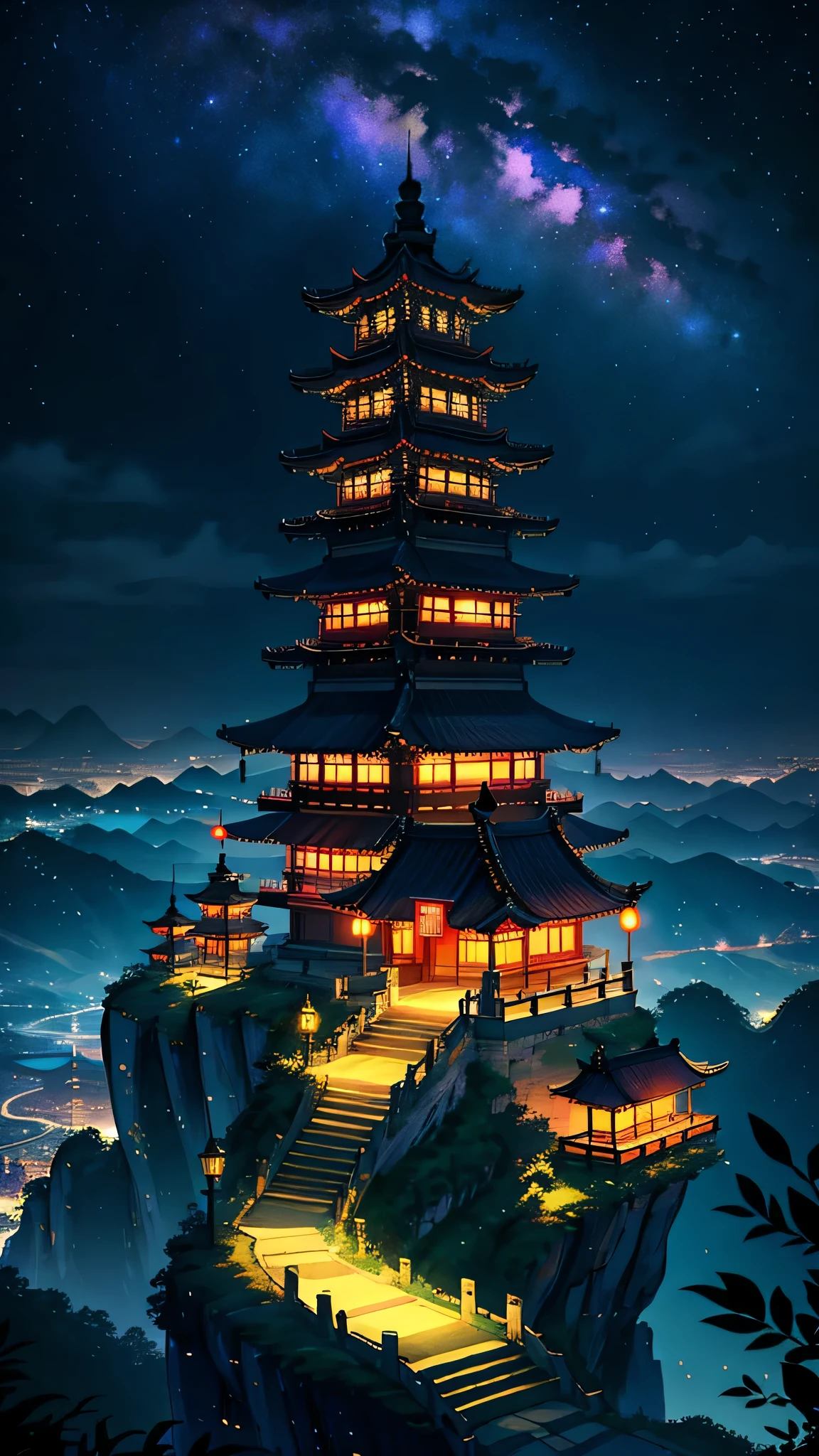 Sky, Star (Sky), landscape, Starry Sky, night, 1 girl, night Sky, alone, outdoor, cloud, Milky Way, sitting, Tree, long hair, City, Cityscape, Scenes painted by Han Gan, CG Society Competition Winners, fantasy art, Dream China Town, 中国landscape, Chinese fantasy, Chinese ink style, pin ancient City view, 令人印象深刻的奇幻landscape, 最史诗般的landscape, Pagoda on the mountain, mountain jungle environment, 头像landscape, china village,16k