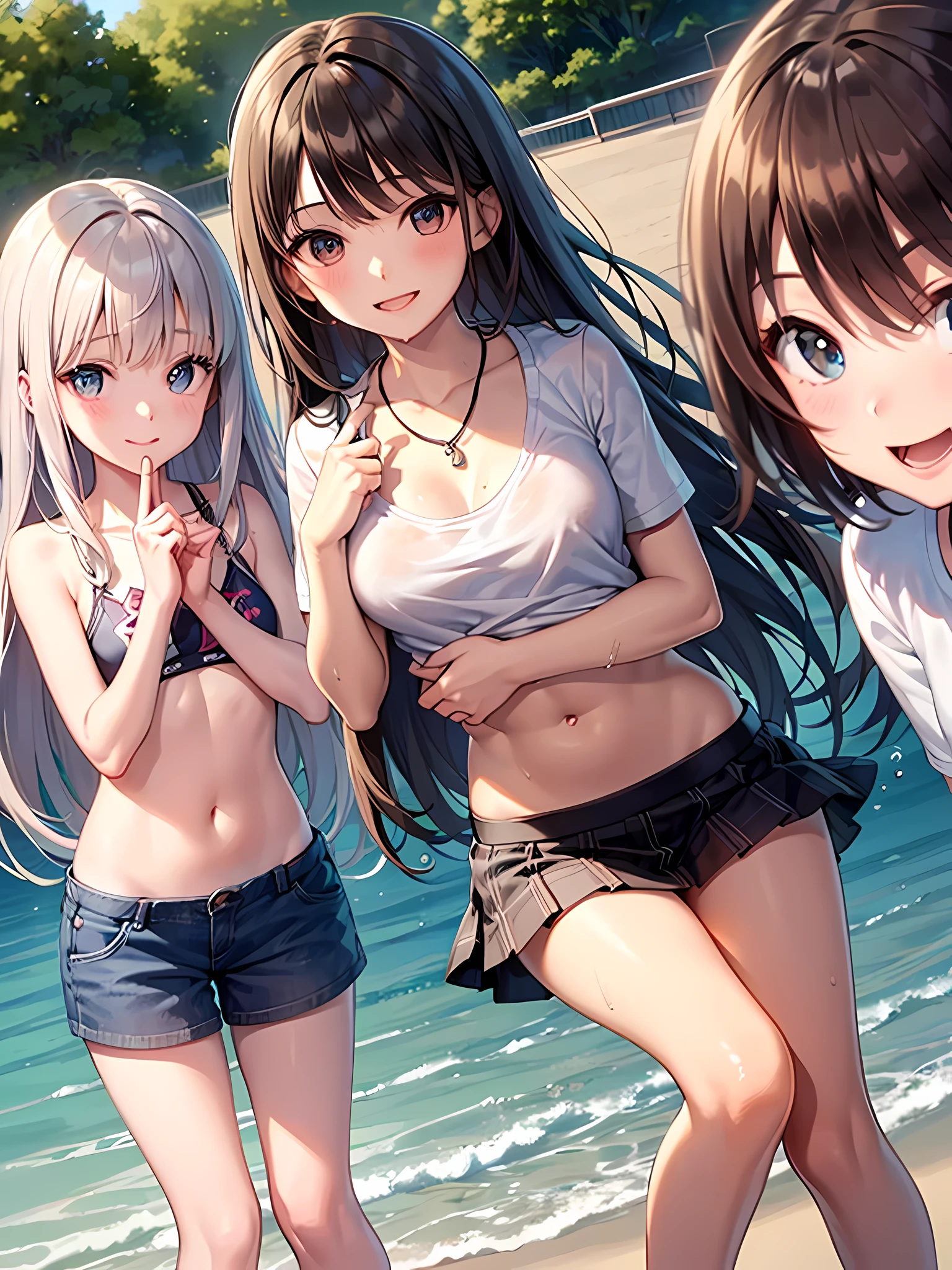 ((highest quality)), ((masterpiece)), (pretty girl), (3 girls:1.3), cute three girls are posing for a camera outdoors in the water, shirtを持ち上げる, lift the skirt, Stand in line, (Close-up shot from the knee:1.3), perfect face, smile, (open your mouth and smile:1.3), embarrassed look, (precise fingers:1.3), hair band, head band, hair bobble, blouse, shirt, I can see your underwear, (pastel colored underwear), high resolution eyes, accurate eyes, (high resolution eyes:1.8), (High definition finger 1.8), light smile, small chest, chest, realistic, 4-year-old, ***********, ***********, ***********, knee socks, Skirt that flips up,short skirt,  Asian, Westerners, silver hair, brown hair, blonde, belly button, jewelry, looking at the viewer, necklace, water, , Wet, long hair, short hair, abs,