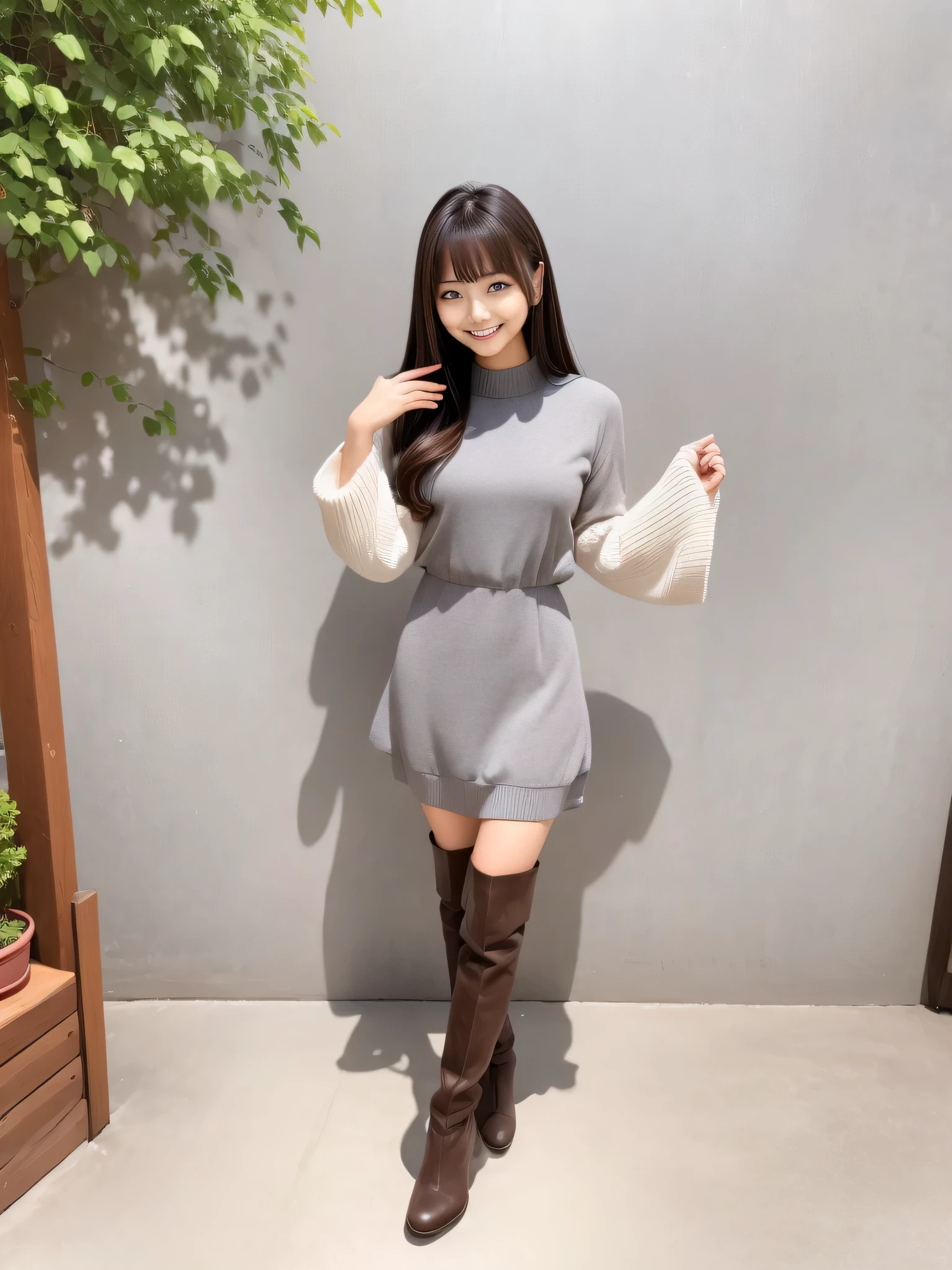 A woman wearing a dress and boots is taking a photo, high boots, full body!!, full body! cute face, Chiho, various poses, gray, full_body!!, knee-high boots, full body picture, casual pose, height: 155cm, full body cute young lady, full shot ( FS ), 8K!!, Straight long hairstyles, bangs, lips、out makeup、short eyelashes、looking at the viewer、lazy smile、realistic、High resolution、debris flies, highest quality, 8K, Beautiful woman、In detail
