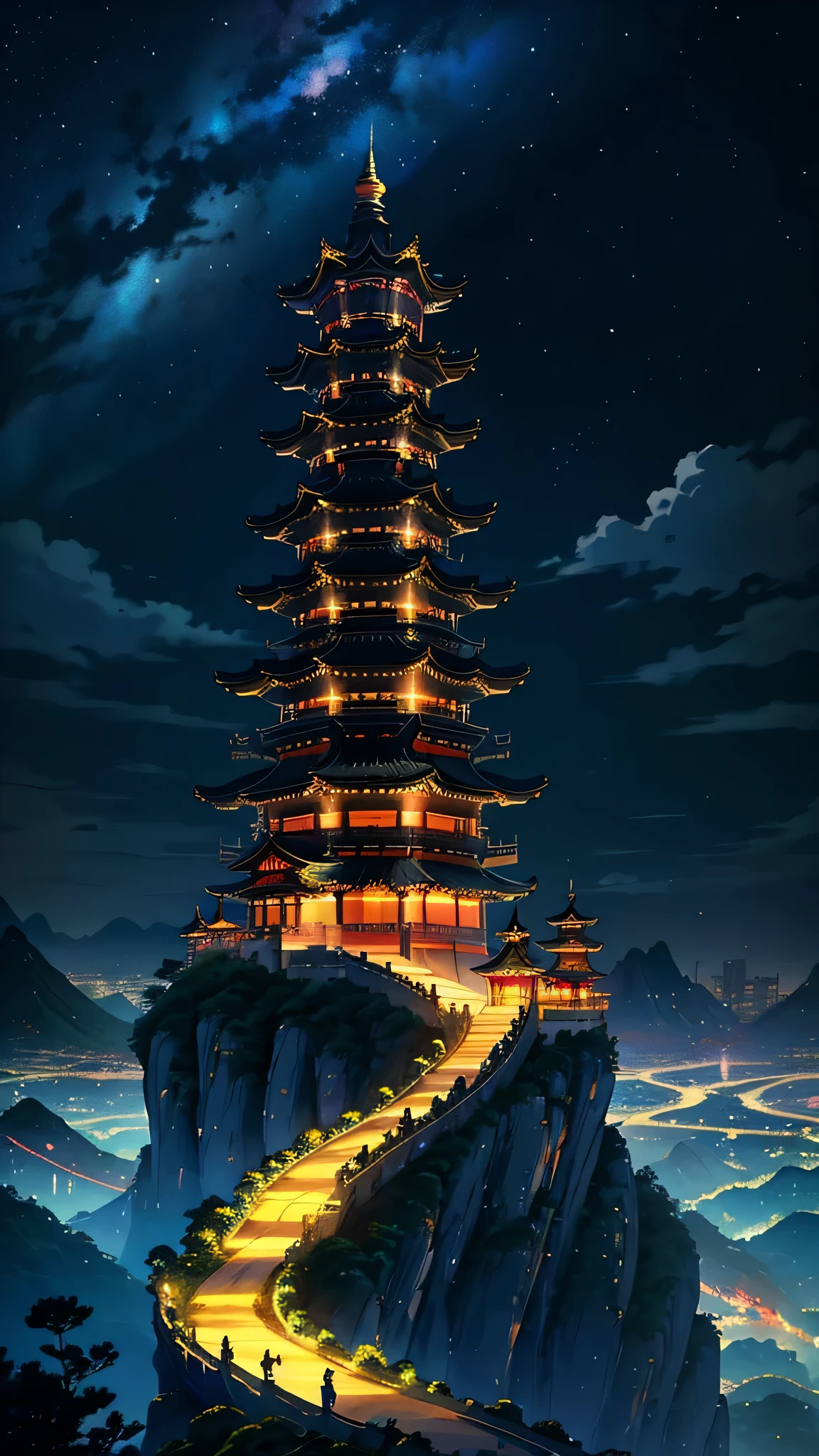 Sky, Star (Sky), landscape, Starry Sky, night, 1 girl, night Sky, alone, outdoor, cloud, Milky Way, sitting, Tree, long hair, City, Cityscape, Scenes painted by Han Gan, CG Society Competition Winners, fantasy art, Dream China Town, 中国landscape, Chinese fantasy, Chinese ink style, pin ancient City view, 令人印象深刻的奇幻landscape, 最史诗般的landscape, Pagoda on the mountain, mountain jungle environment, 头像landscape, china village,16k