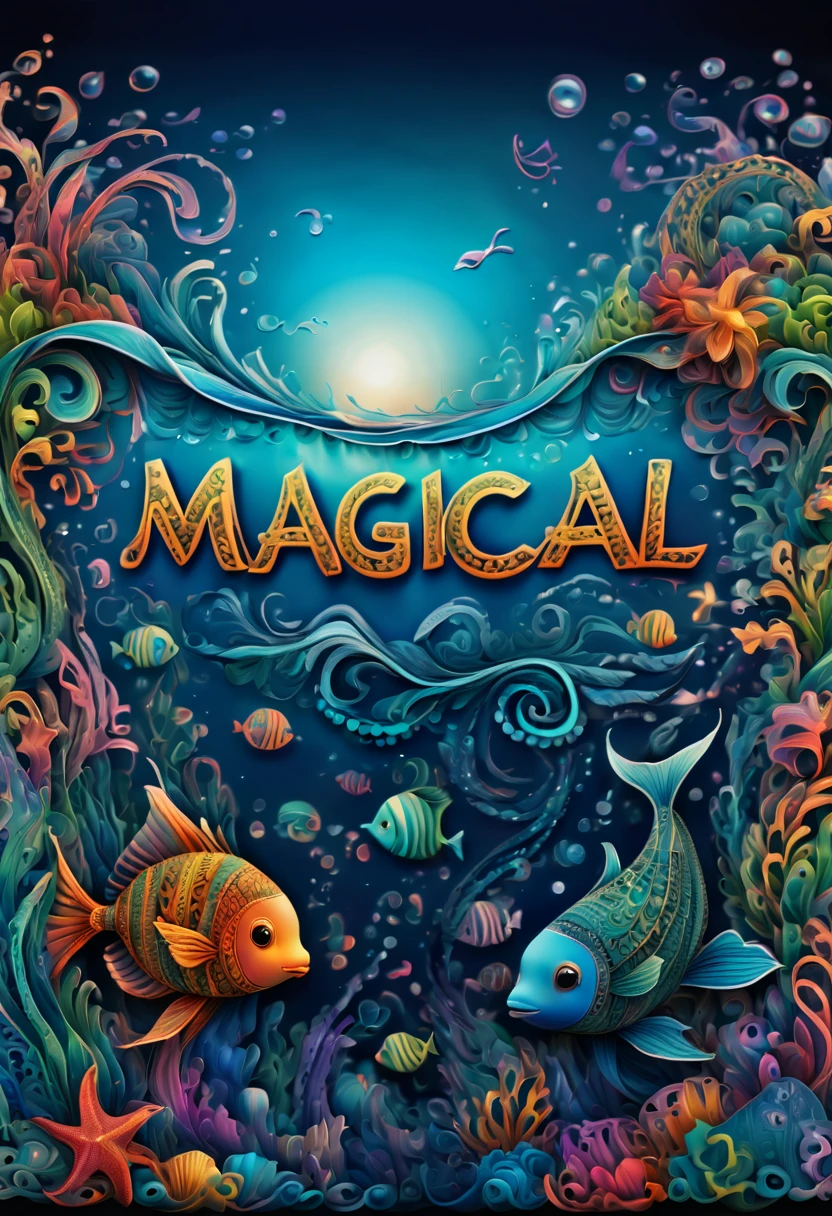 (best quality,ultra-detailed,realistic:1.37), text that says "magical lora", in the ocean, zentangle, full colored, 3d crunch,