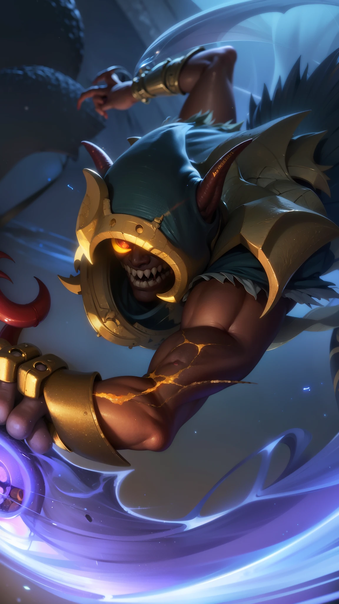 masculine male, masterpiece, ((perfect eyes)) best quality, (semirealism:1.9), beautiful lighting, (extremely detailed CG unity 4k fhd wallpaper), High Detail, Sharp focus, dramatic outdoors, white short hair, Boy with two big horns, big earrings on ears, elf ear, red eyes, Thick eyebrows, evil smile, grinning, red body, black face, Burning skin, yellow diamonds glistening on chest, burning red skin, golden robe behind, big white belt, 8k, realistic, scary, strong red eye glow (red eye:1.2).