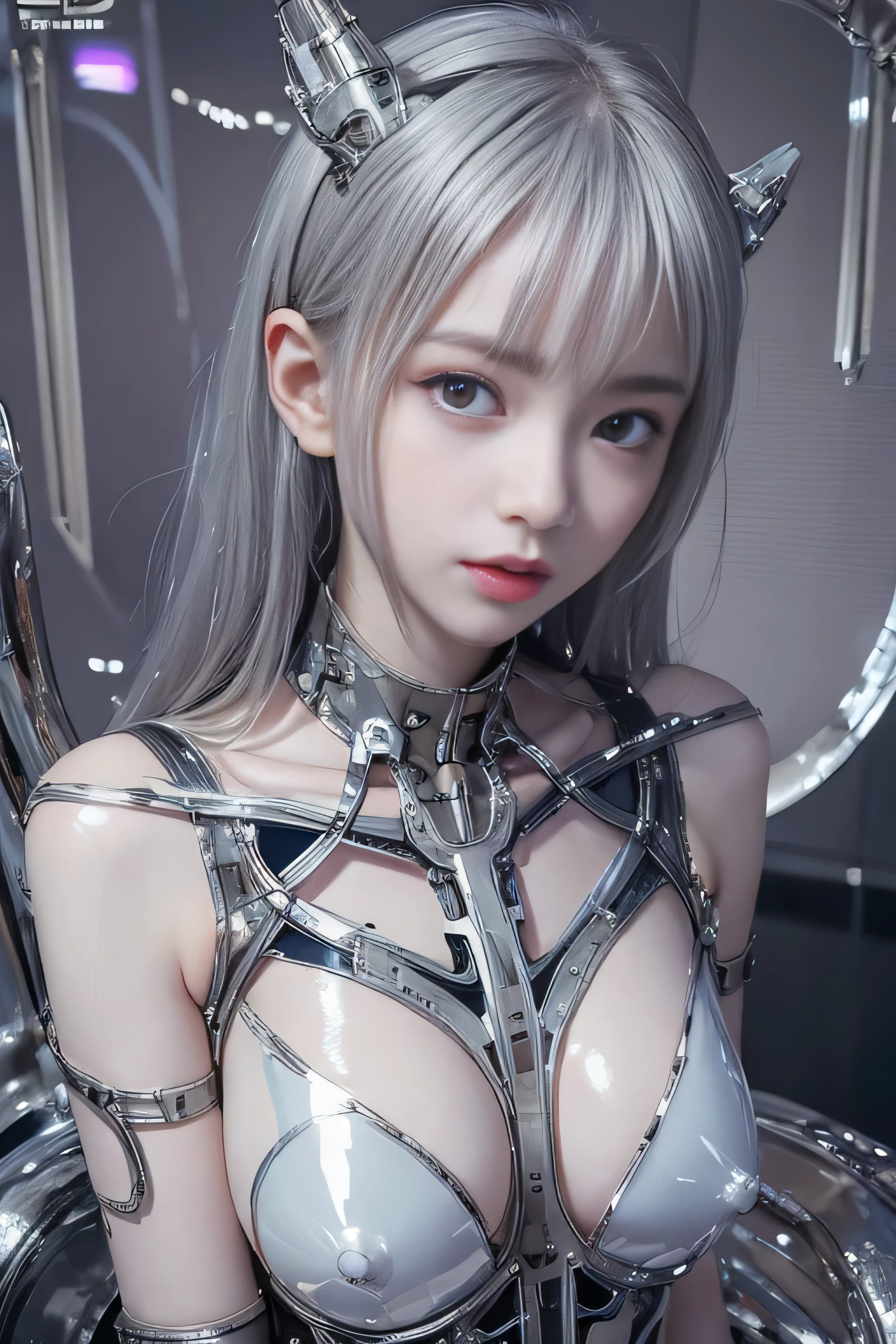 highest quality、masterpiece、ultra high resolution、(Photoreal:1.4)、RAW photo、1 girl、black hair、(((Colorless transparent latex in the shape of a gorgeous woman forming the body:1.4)))、(((rawhide:1.4)))、(((Large silver plated metal nipples:1.4)))、(((Silver mirrored metal bones seen through latex):1.4)、((Super realistic details))、portrait、global illumination、Shadow、octane rendering、8K quality、super sharp、((All mechanical metals are mirror silver plated.:1.4))、white mechanical skeleton、blood vessels in the tube、very intricate details、realistic light、Trends in CG society、purple eyes、shining eyes、towards the camera、neon details、(Mechanical ribs)、mechanical spine、sit on top、Wires and cables connecting to the head、gundam、small led lamp、(purple lighting from behind:1.2)、