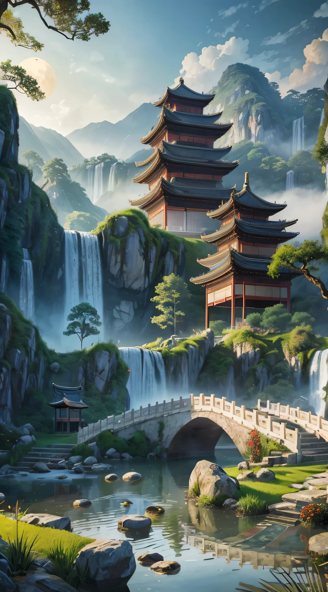 9:16 complete pictures, ancient Chinese architecture, Beautiful Chinese woman wearing silk robe, Hazy moon, night, garden, bamboo, lake, stone bridge, rockery, arch, corner, rockery, Tree, tap water, landscape, outdoor, fall, Grass, rock, lotus, hot spring , water vapor, (illustration: 1.0), epic work, Detail enhancement, Detail enhancement. Realistic lighting, HD details, masterpiece, best quality, (Very detailed CG unified 8k wallpaper), (best quality)