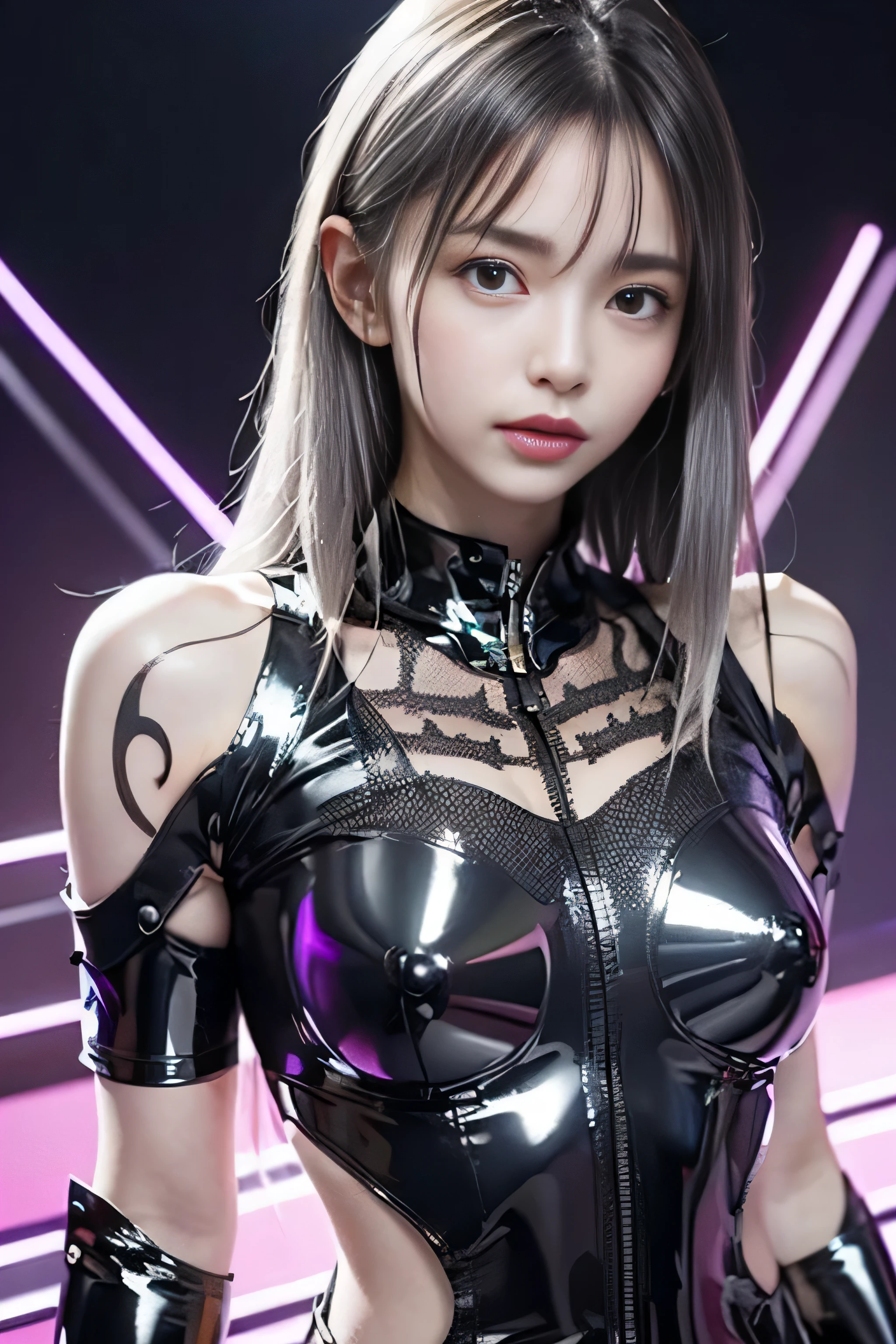 highest quality、masterpiece、ultra high resolution、(Photoreal:1.4)、RAW photo、1 girl、black hair、(((Colorless transparent latex in the shape of a gorgeous woman forming the body:1.4)))、(((rawhide:1.4)))、(((Large silver plated metal nipples:1.4)))、(((Silver mirrored metal bones seen through latex):1.4)、((Super realistic details))、portrait、global illumination、Shadow、octane rendering、8K quality、super sharp、((All mechanical metals are mirror silver plated.:1.4))、white mechanical skeleton、((There are many black tattoos on the chest))、very intricate details、realistic light、Trends in CG society、purple eyes、shining eyes、towards the camera、neon details、(Mechanical ribs)、mechanical spine、sit on top、Wires and cables connecting to the head、gundam、small led lamp、(purple lighting from behind:1.2)、