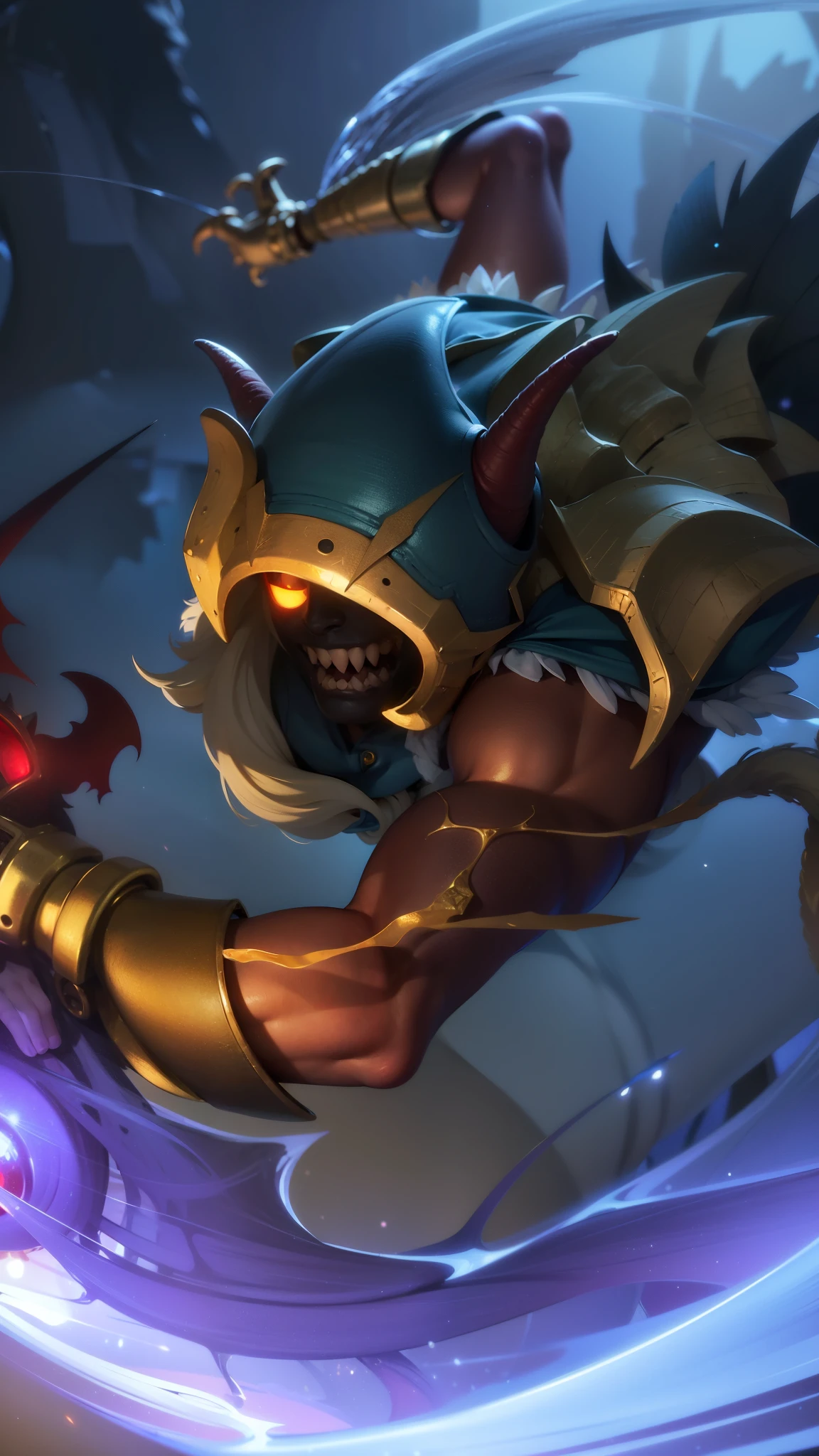 masculine male, masterpiece, ((perfect eyes)) best quality, (semirealism:1.9), beautiful lighting, (extremely detailed CG unity 4k fhd wallpaper), High Detail, Sharp focus, dramatic outdoors, white short hair, Boy with two big horns, big earrings on ears, elf ear, red eyes, Thick eyebrows, evil smile, grinning, red body, black face, Burning skin, yellow diamonds glistening on chest, burning red skin, golden robe behind, big white belt, 8k, realistic, scary, strong red eye glow (red eye:1.2).