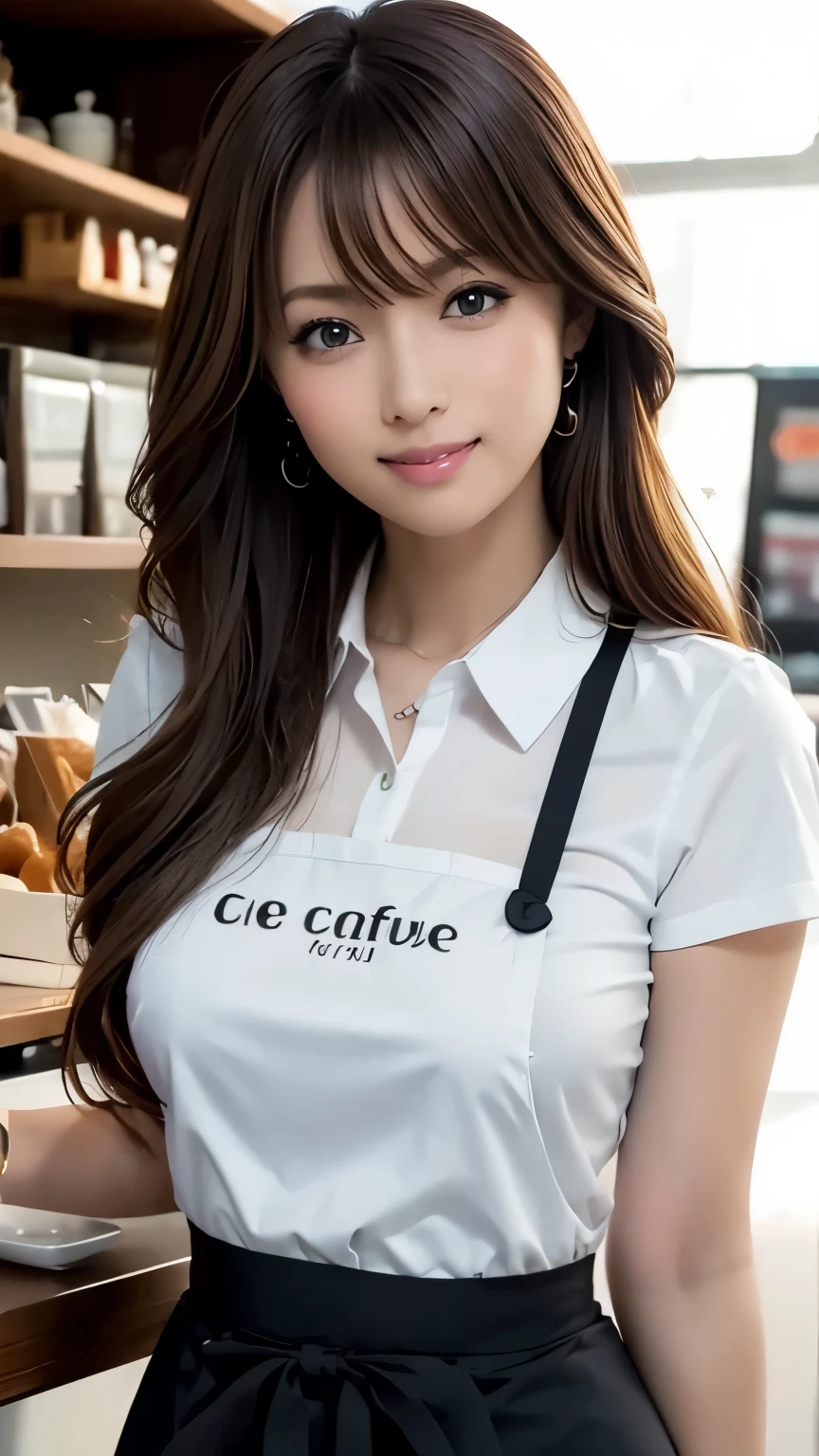 (Photoreal:1.4, 8K), highest quality, masterpiece, ultra high resolution, perfect dynamic composition, big face, round face, (light brown hair:1.4, long hair, curly hair), Highly detailed skin and facial textures:1.3, tanned skin:1.3, slender, perfect proportions, Detail of limbs, Cute and sexy 22 year old cafe worker, (completely enchants you:0.9), (Cafe clerk uniform, apron), (gal makeup, eyeliner, mascara, lip gloss, distant eyes, Eyes that feel beautiful eros:0.85), sexy face:0.8, (closed mouth, small mouth, thick lips, A taste of beautiful eroticism:0.85), (Too cute beauty:0.9), (stylish cafe, coffee beans, cash register, cash registerカウンター, multiple tables, sofa),(arch your back), smile