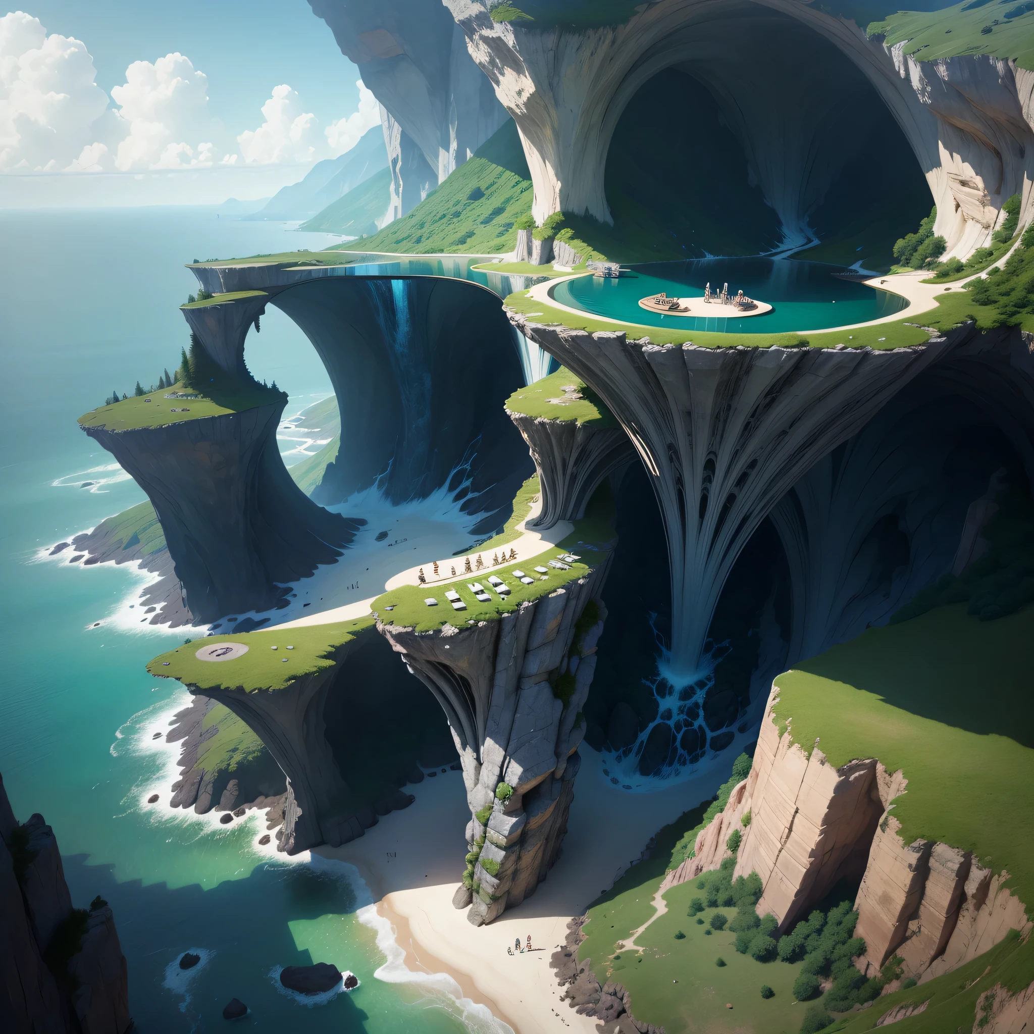 Large cliff house with modern futuristic design，There are artificial waterfalls and pools in the middle, Nature meets architecture, Built around the blue ocean, Realistic honeycomb architecture, organic architecture, Very close to real nature, stunning rendering, island with caves, stunning architecture, luxury building, realistic fantasy rendering, by Zha Shibiao, epic and stunning, architectural visualization, Epic architecture, concept art.,16k--automatic