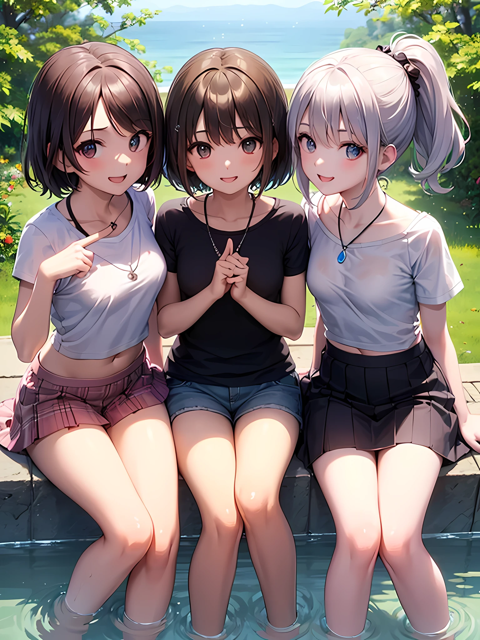 ((highest quality)), ((masterpiece)), (pretty girl), (3 girls:1.3), cute three girls are posing for a camera outdoors in the water, shirtをつかむ, stand side by side, (Close-up shot from the knee:1.3), perfect face, smile, (open your mouth and smile:1.3), embarrassed look, (precise fingers:1.3), hair band, head band, hair bobble, blouse, shirt, I can see your underwear, (pastel colored underwear), high resolution eyes, accurate eyes, (high resolution eyes:1.8), (High definition finger 1.8), light smile, small chest, chest, realistic, 4-year-old, 5 years old, 6 years old, 7 years old, knee socks, short skirt, Asian, Westerners, silver hair, brown hair, blonde, belly button, jewelry, looking at the viewer, necklace, water, , Wet, long hair, short hair, abs,